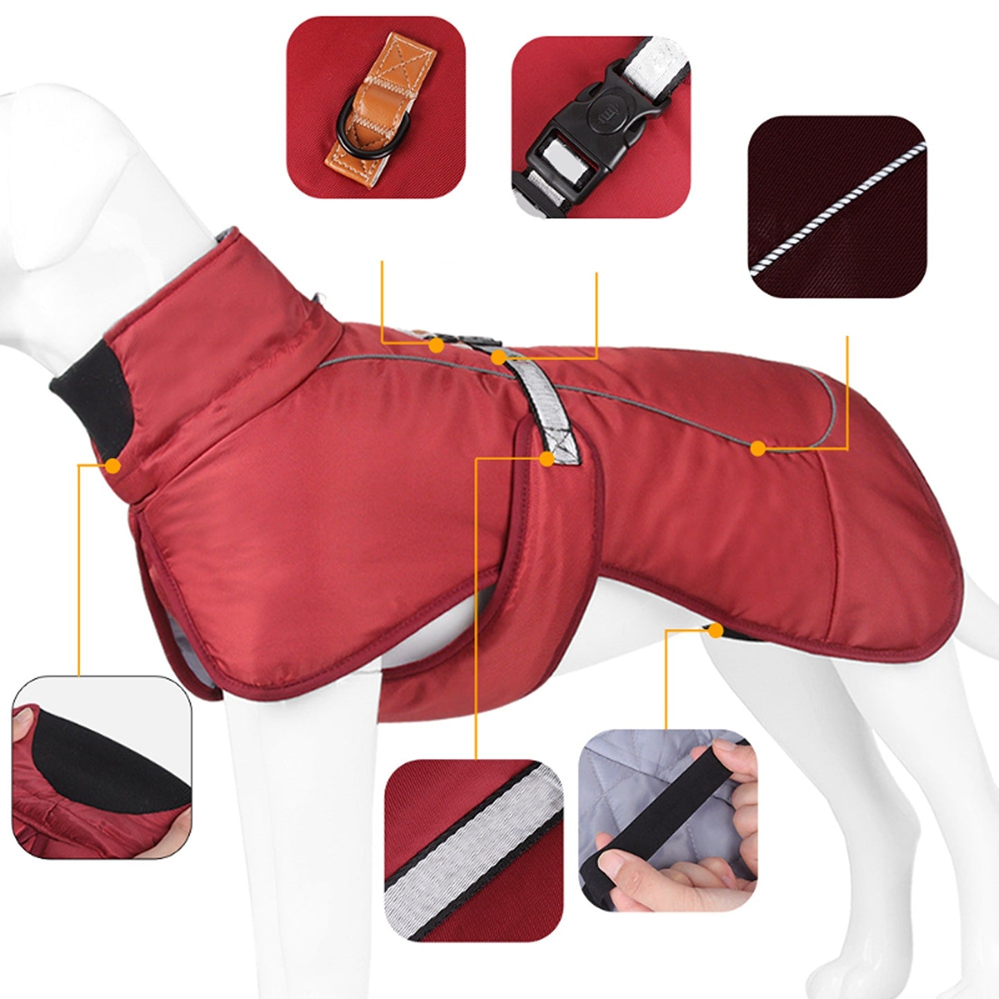 Red Waterproof Warm Winter Jacket for Large Dogs