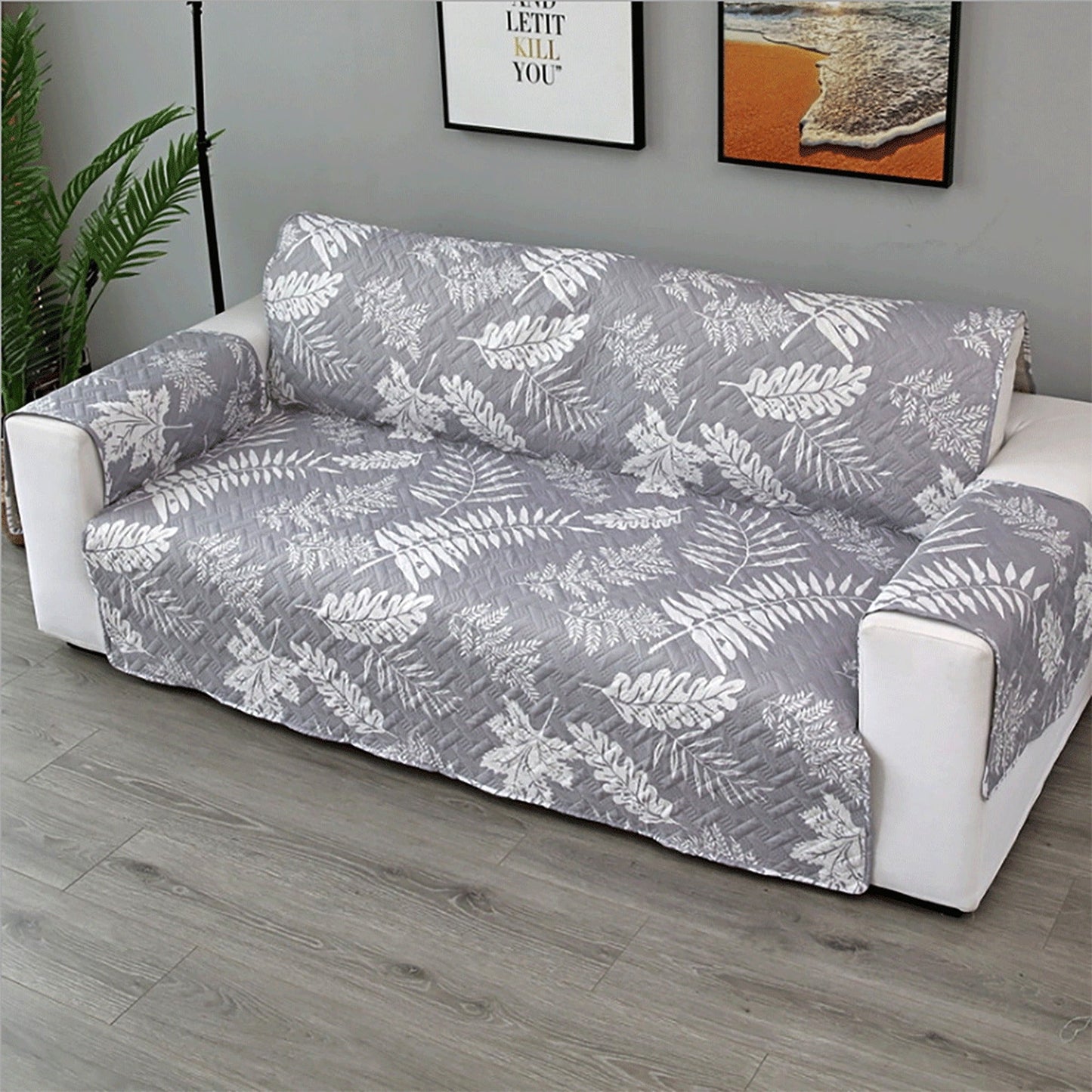 Grey Leaves Quilted Couch Covers Lounge Slipcover Seater Pet Sofa Protector Cover