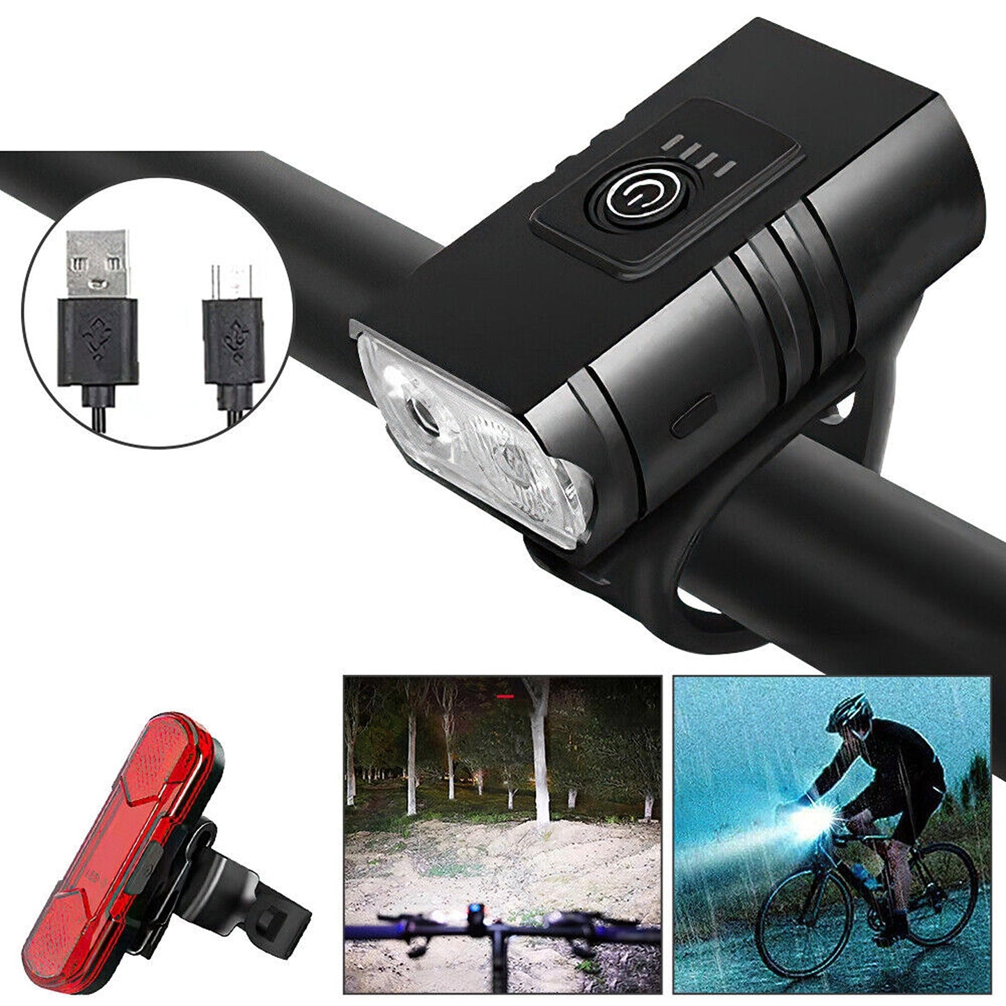 Rechargeable LED Bicycle Light Set T6 Front and Rear Headlight Tail Light