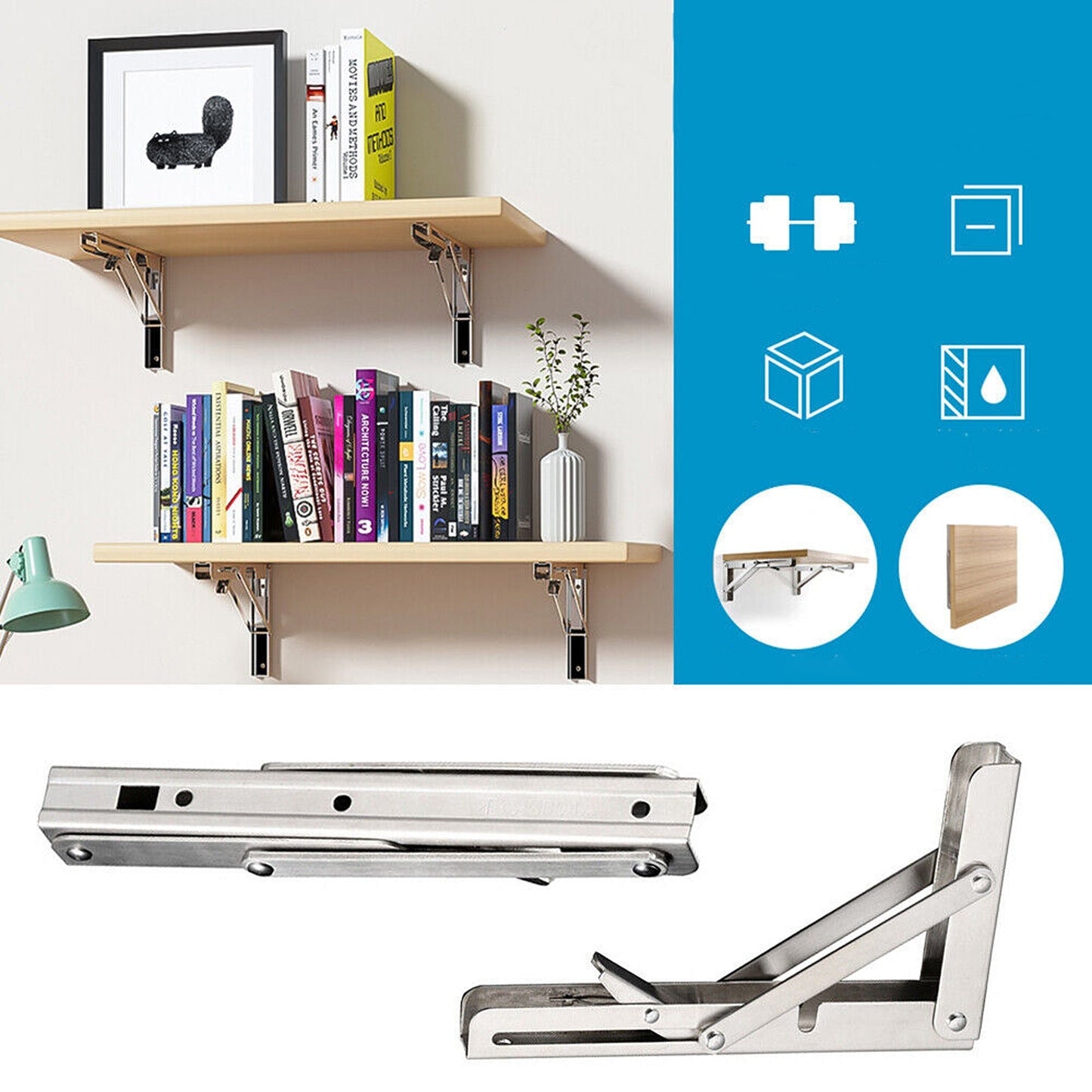 2pcs Stainless Steel Wall Shelf Bracket Folding Heavy Duty