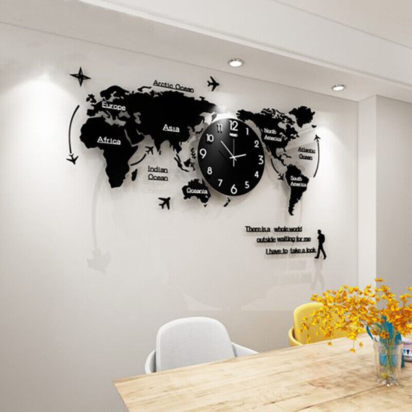 Ultra Quiet Large 3D Wall Clock Acrylic Watch World Map Decor
