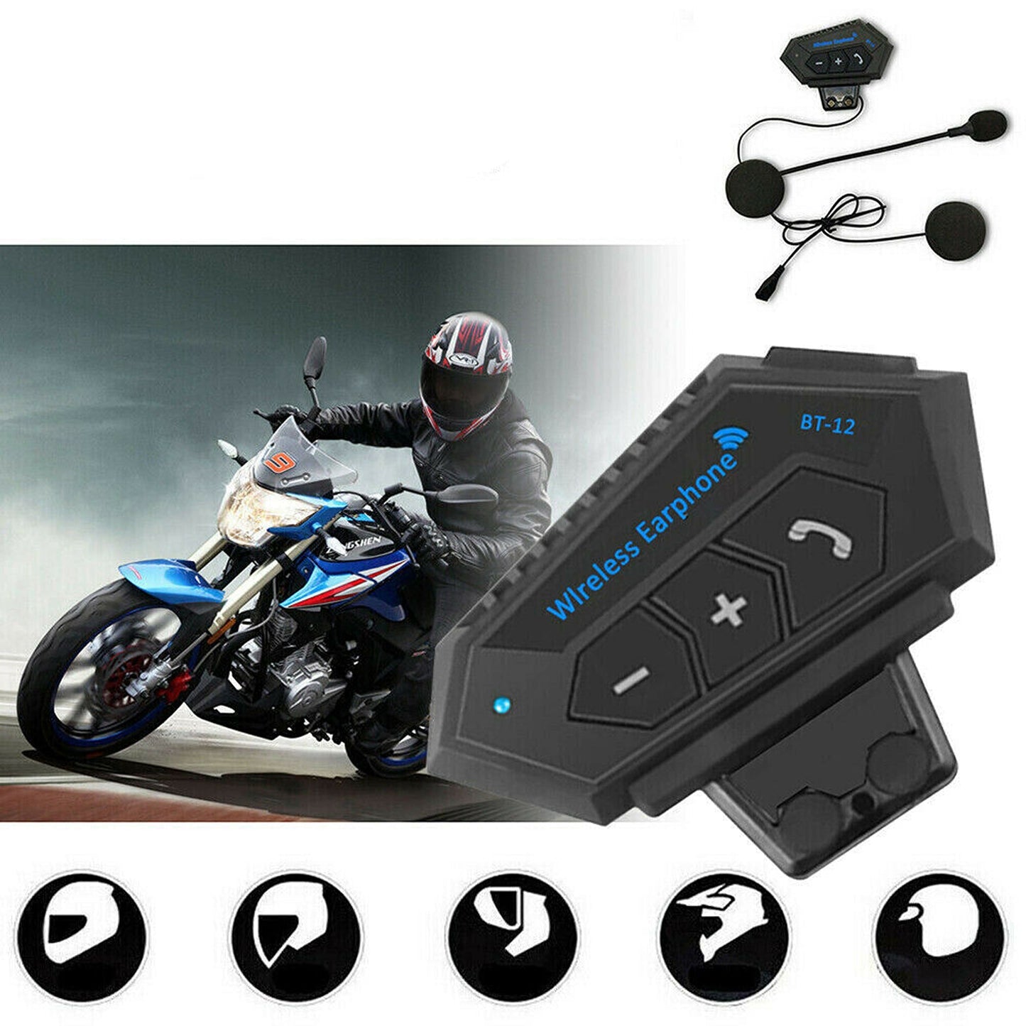 Motorcycle Helmet Bluetooth Intercom Headset BT-12 Wireless Headphone