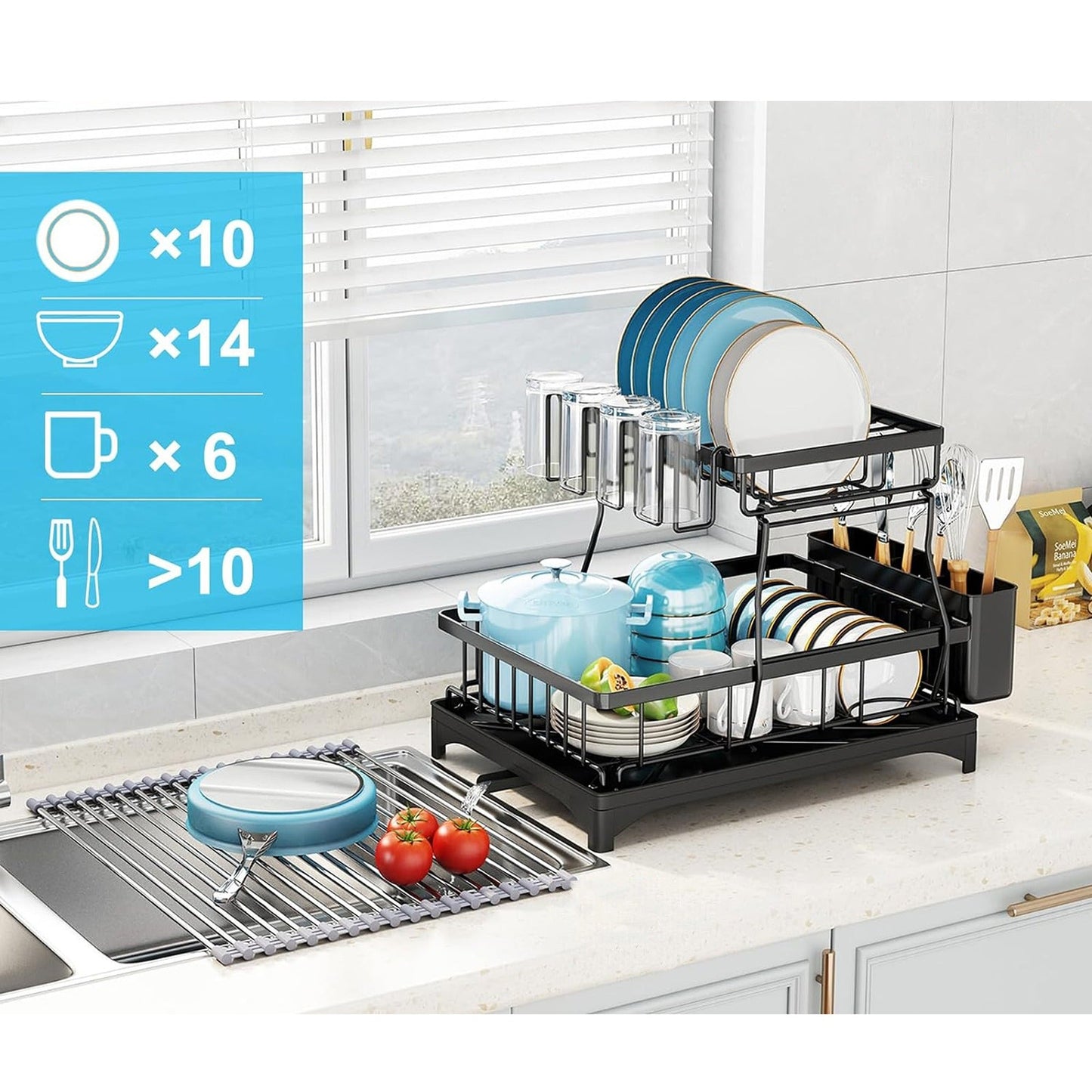 Over Sink Dish Drainer with Cup Holder Two-Tier Kitchen Rack