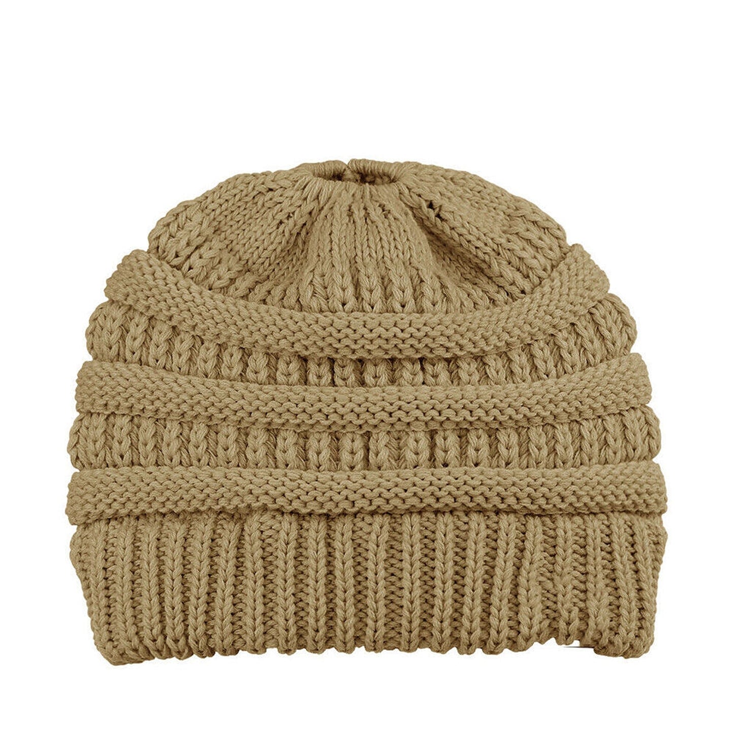 High Bun Ponytail Beanie for Women Soft Stretch Cable Knit Crochet Hat