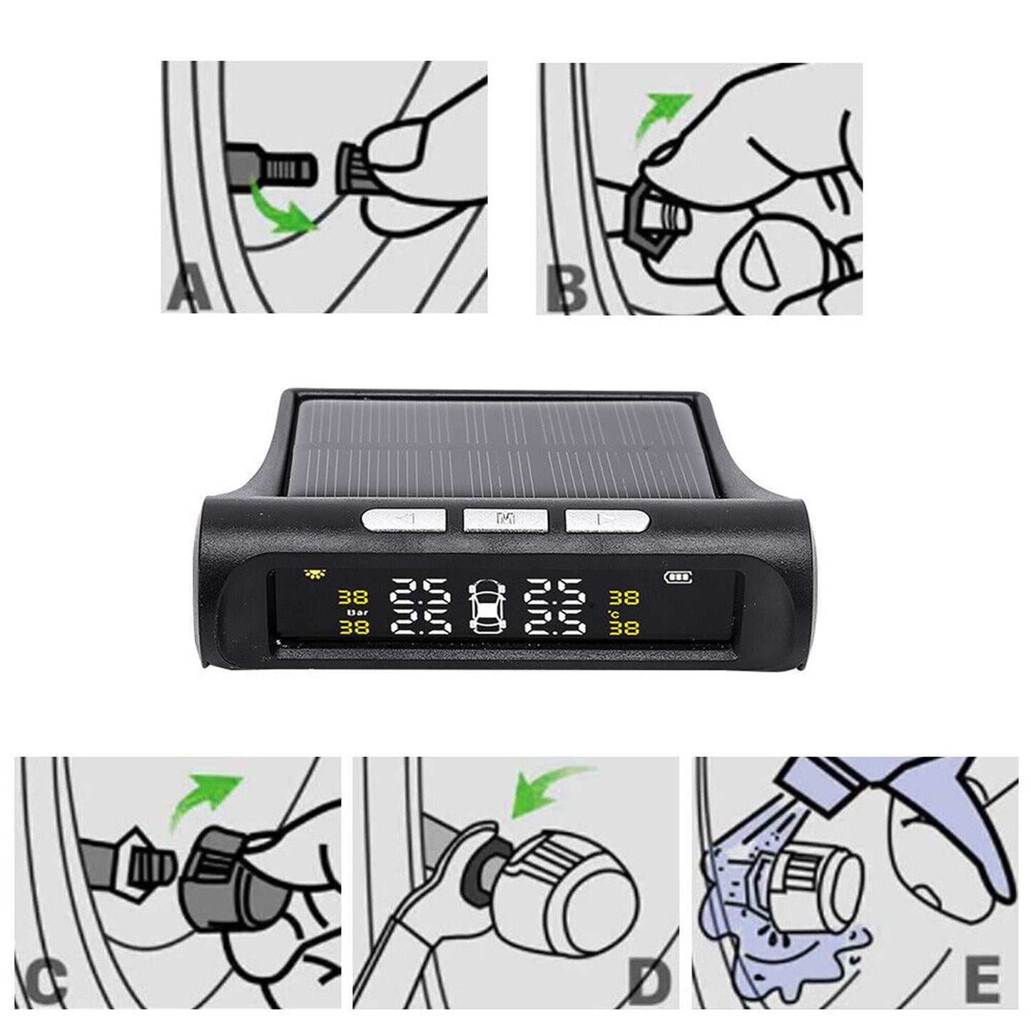 TPMS Car Tire Pressure Monitoring System with Solar Charging and External Sensors