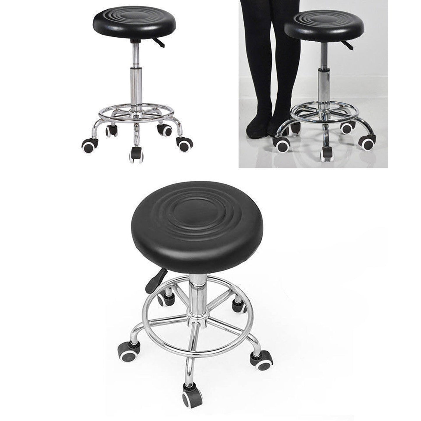 Round Black Barber Stool PU Leather Swivel Hairdressing Chair