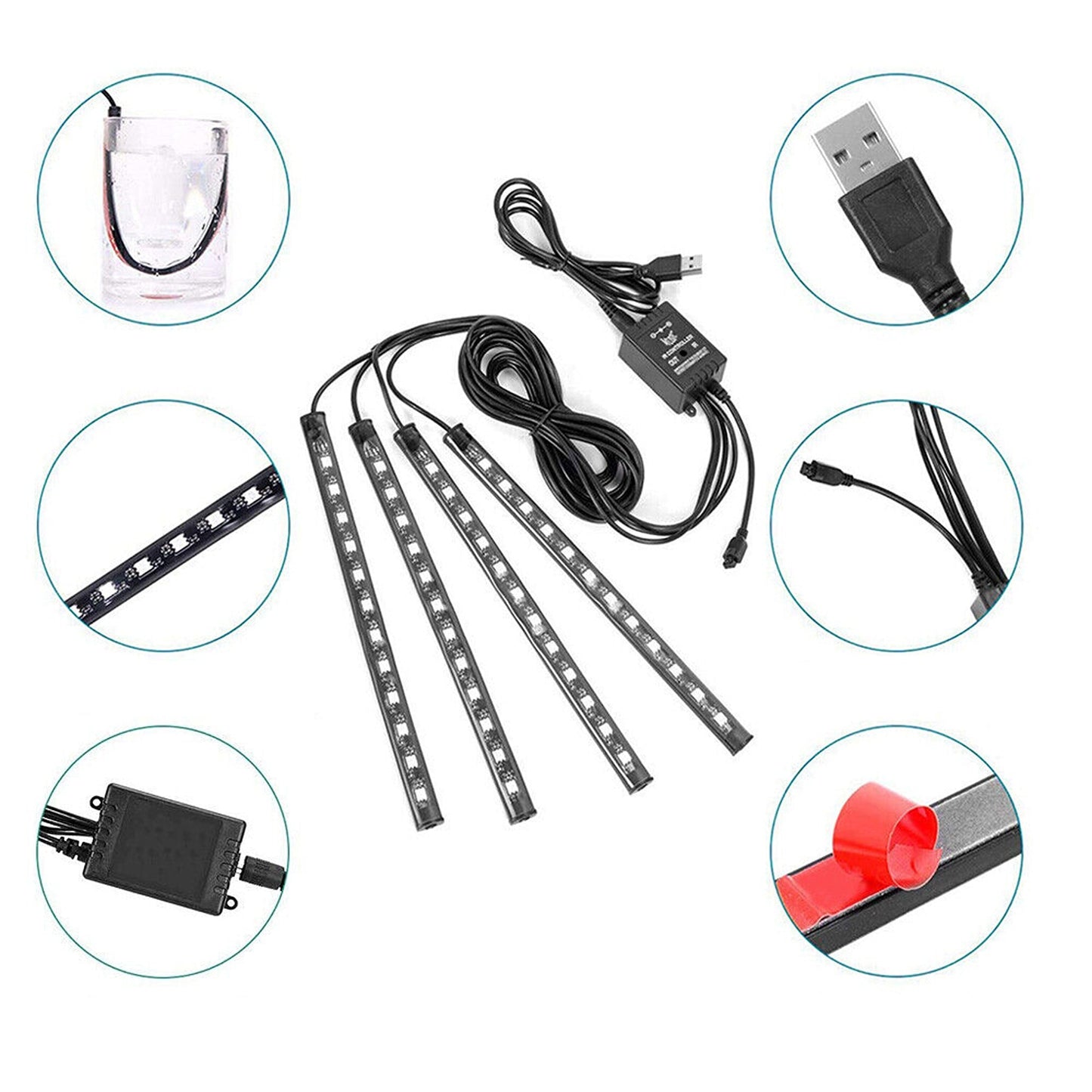 4pcs RGB Car Strip Lights LED Footwell Interior Remote USB Control