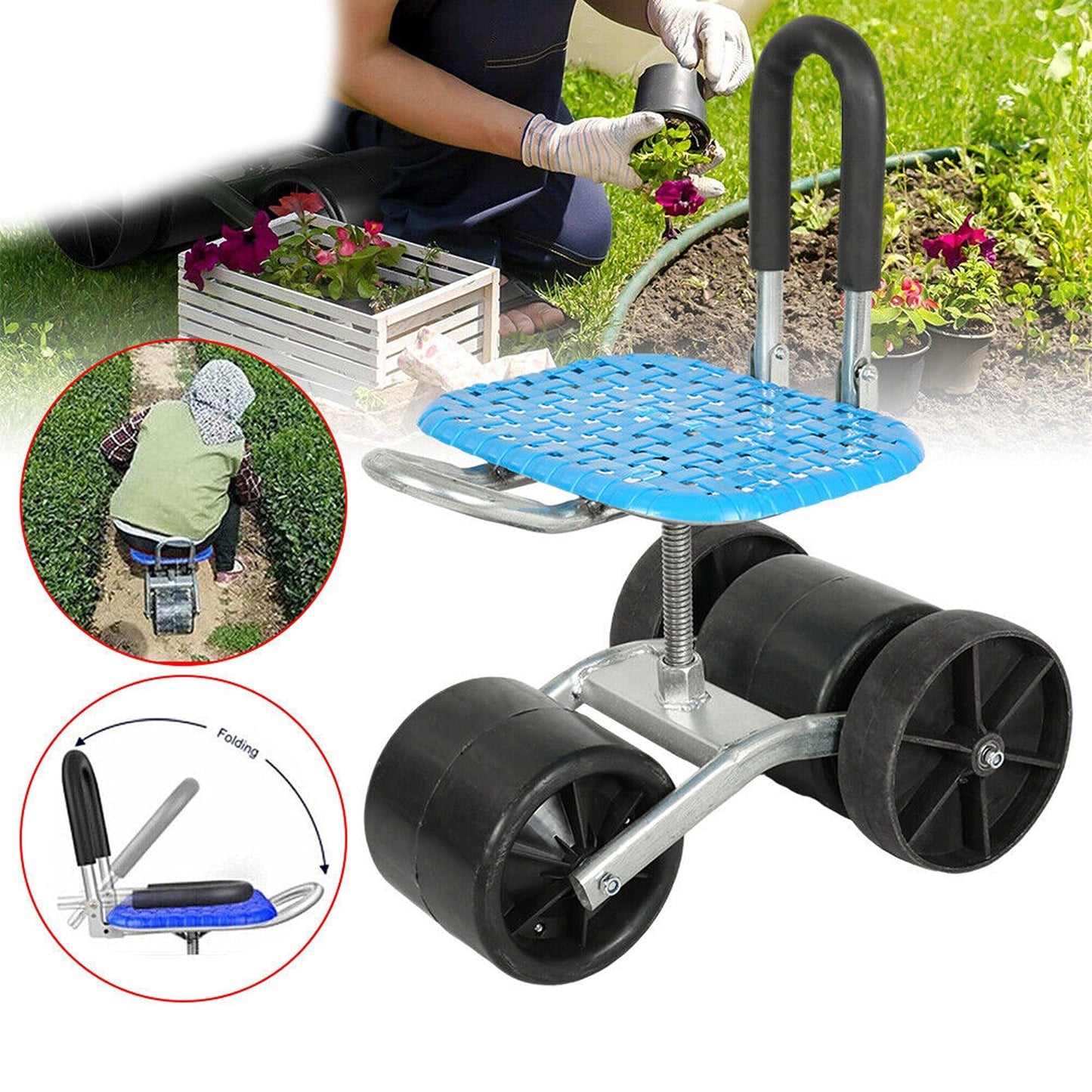 Rolling Gardening Stool with Adjustable Height and 360-Degree Wheels