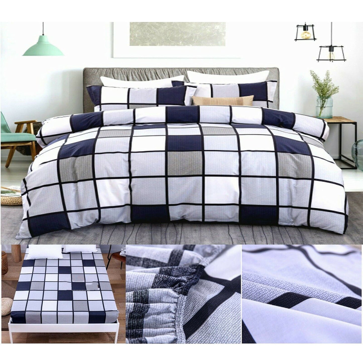 Checked Cotton Quilt Duvet Cover Set for Single to King Size Beds