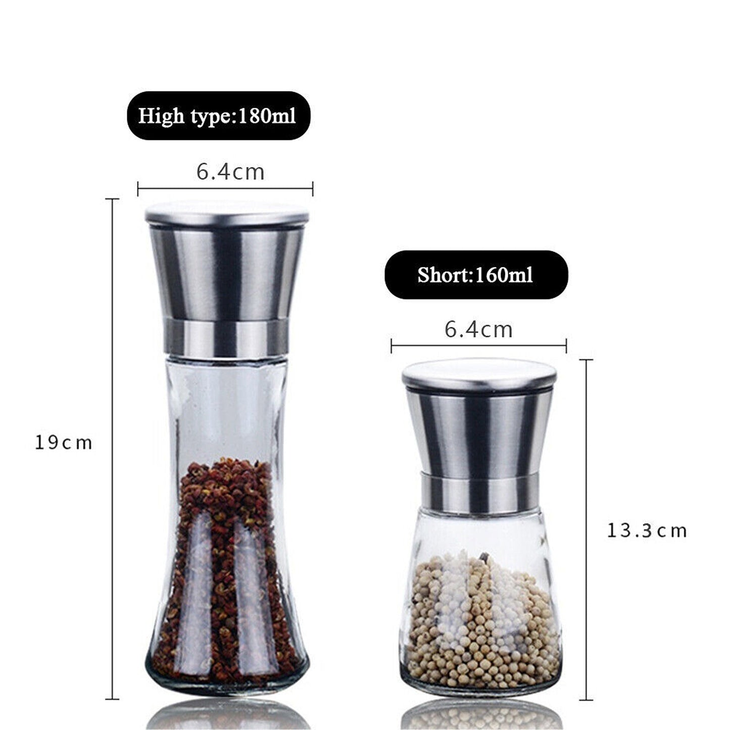 2pcs Adjustable Salt and Pepper Grinder Set Stainless Steel Glass Mill
