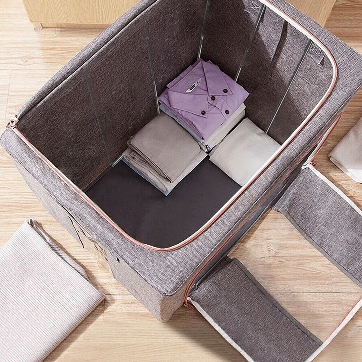 Grey Foldable Storage Box with Crushed Steel Frame Clothes Quilt Toys Organizer