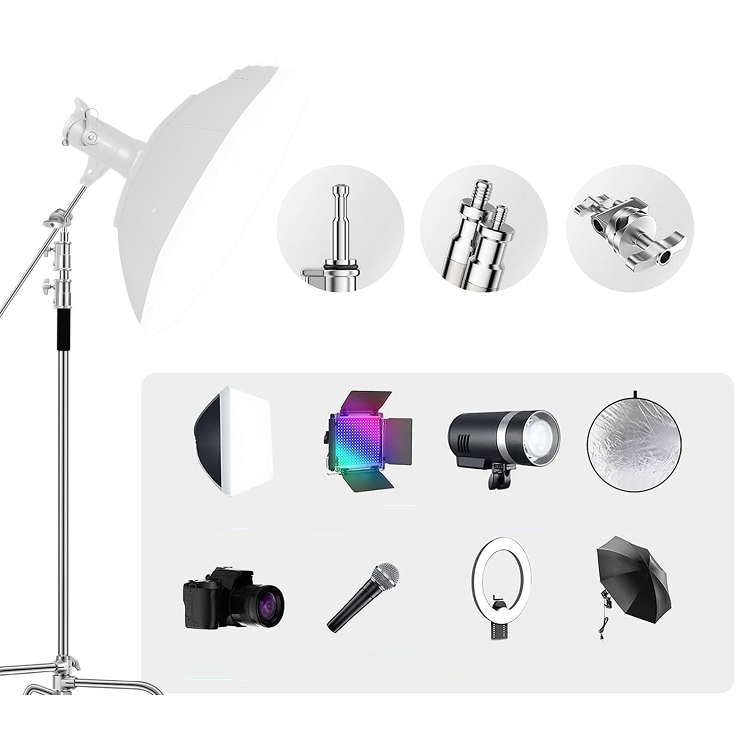 C-Stand with Boom Arm and Sandbag for Photo Studio Heavy-Duty Stainless Steel