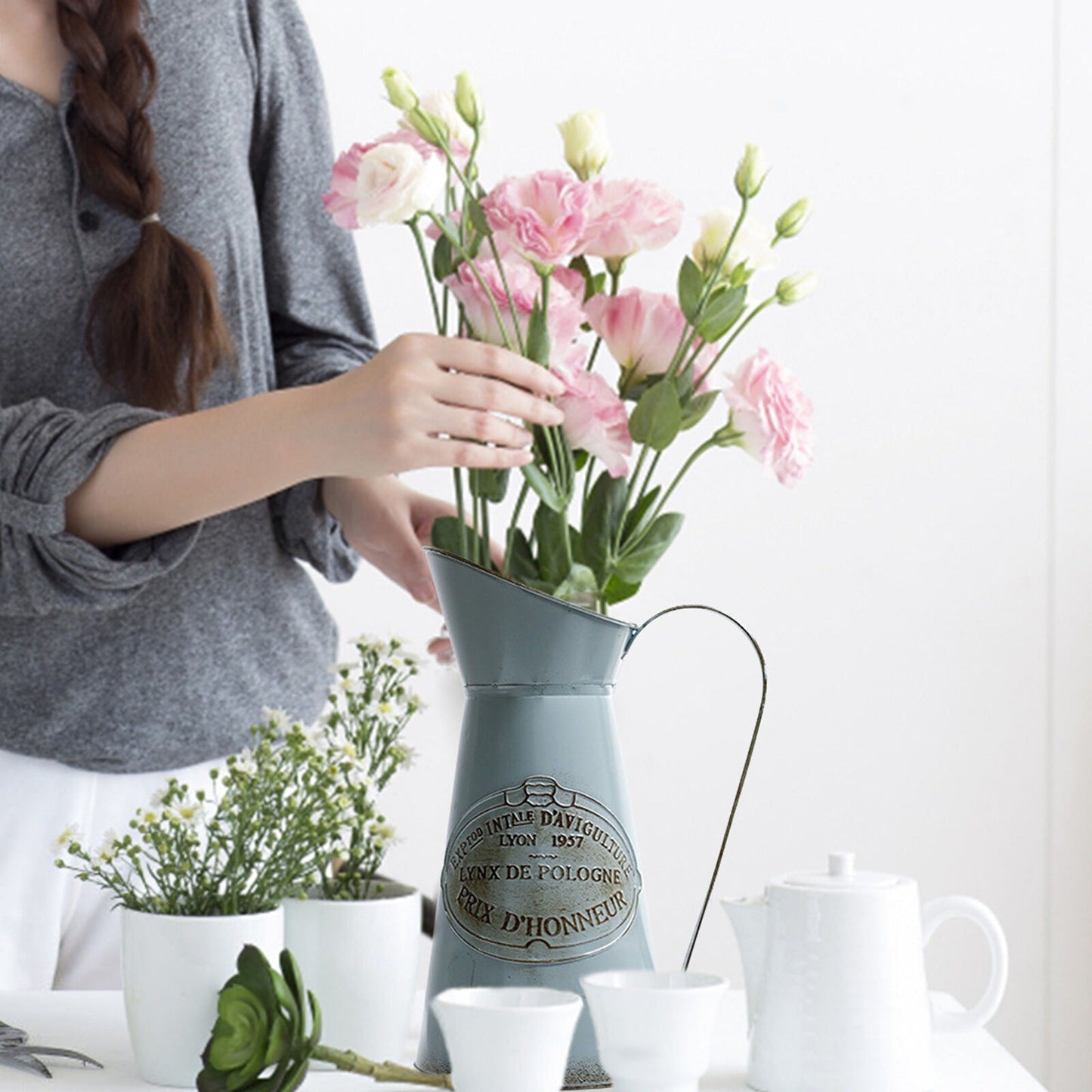 Garden Style Metal Jug Retro Chic Wedding Flower Vase Craft