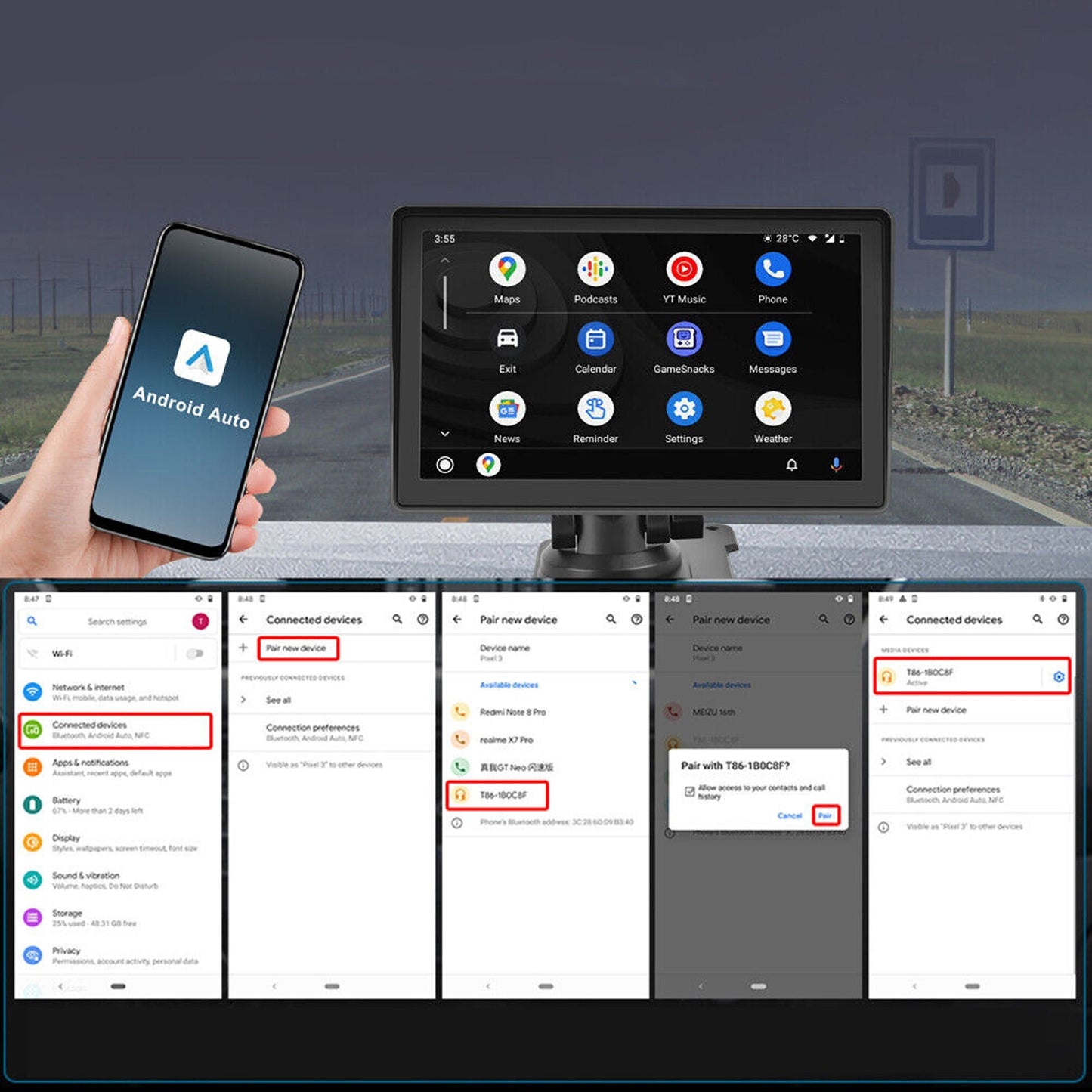 7in Touch Screen Portable Car Radio with Wireless Apple Carplay and Android Auto