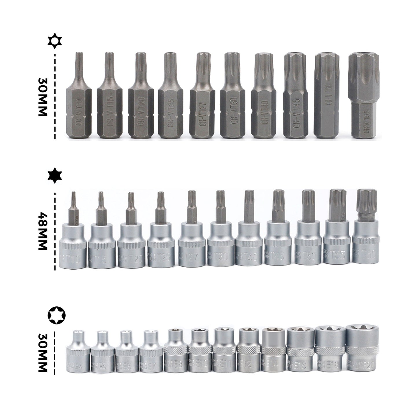 34-Piece Drive Star and E Torx Bit Socket Set for Mechanics
