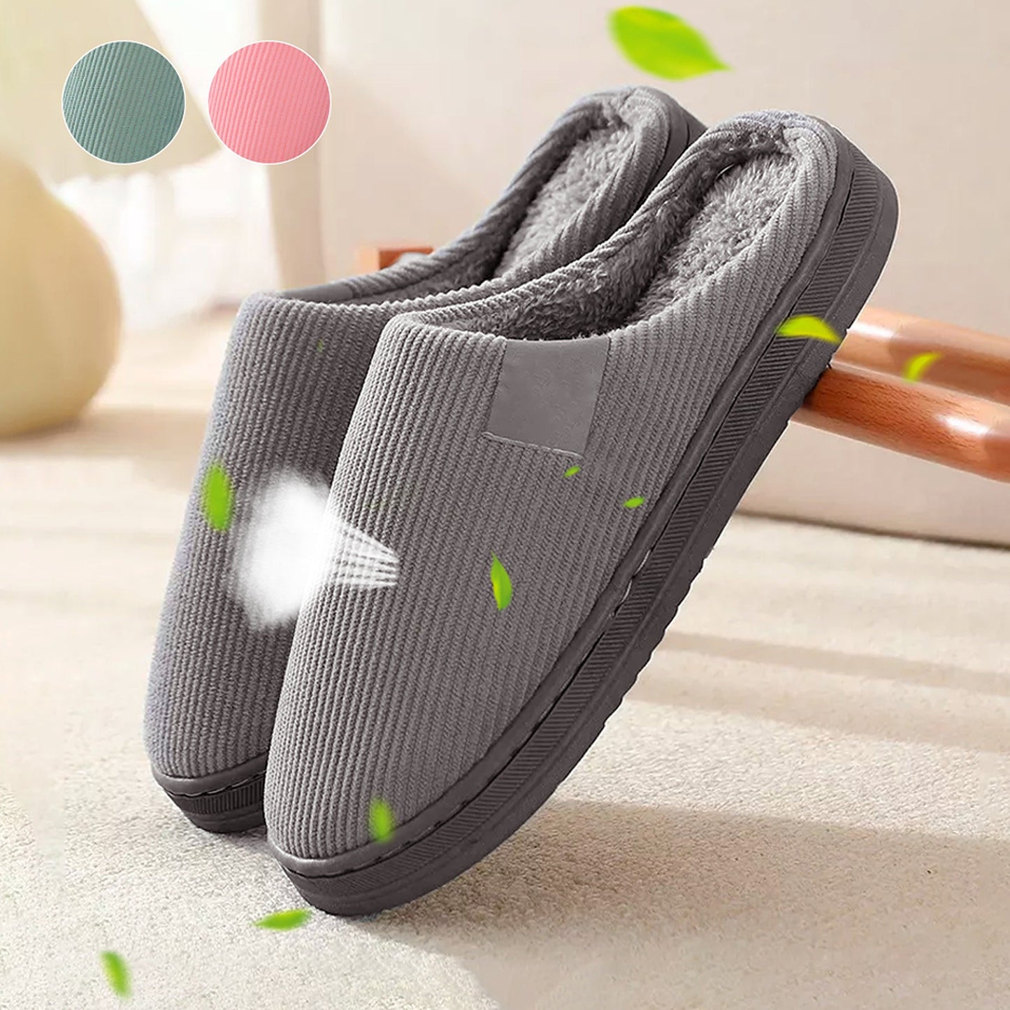 Grey Plush Lined Anti-Slip Winter Slippers Warm Indoor Slides for Men and Women
