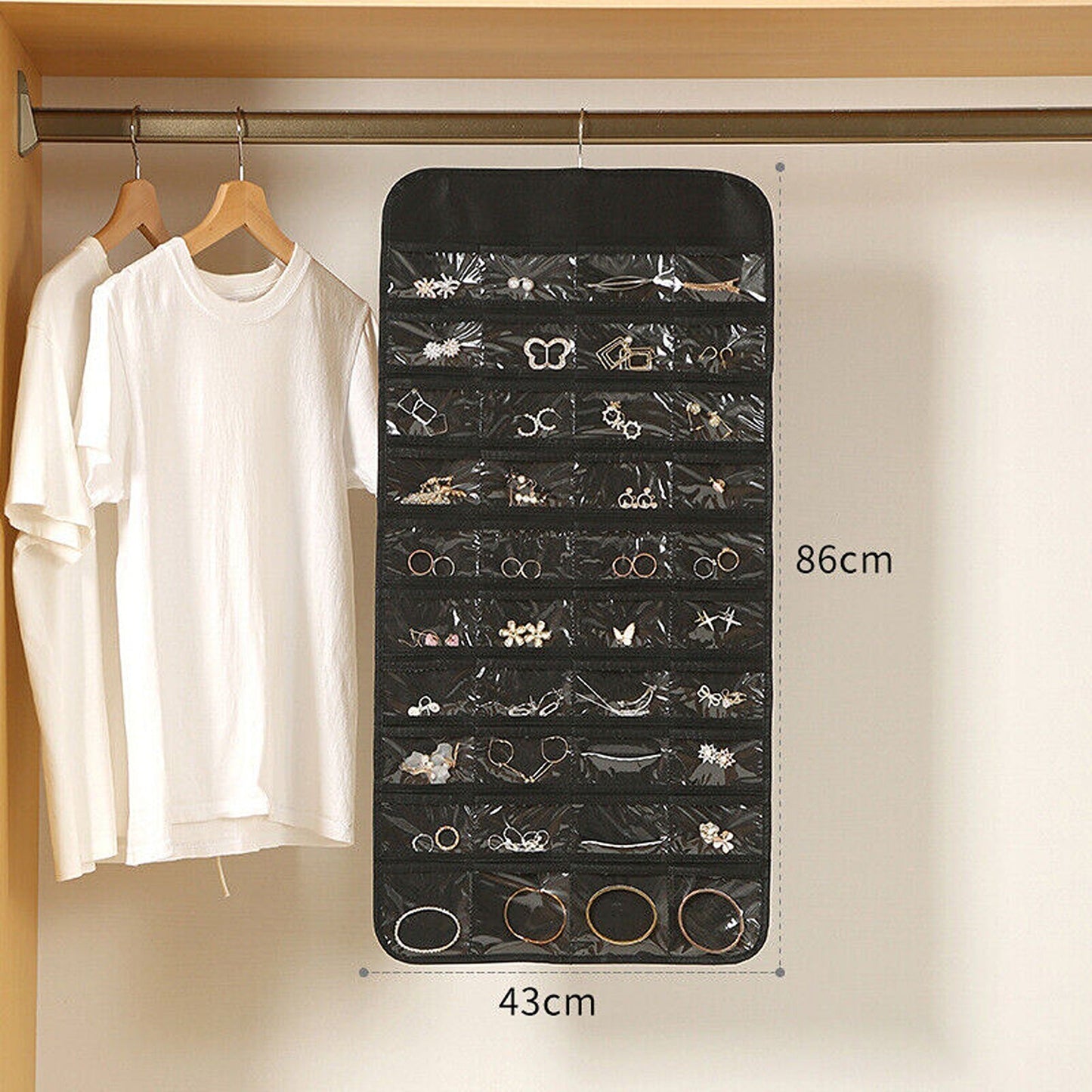 Black Hanging Jewelry Organizer with Storage Pouch for Earrings