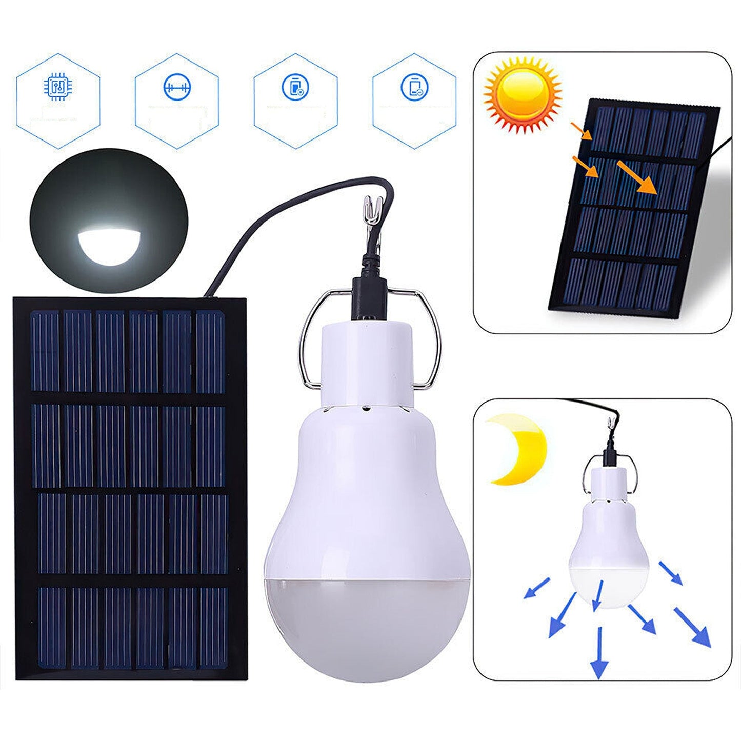 Solar Powered LED Light Bulb for Outdoor Camping and Indoor Use