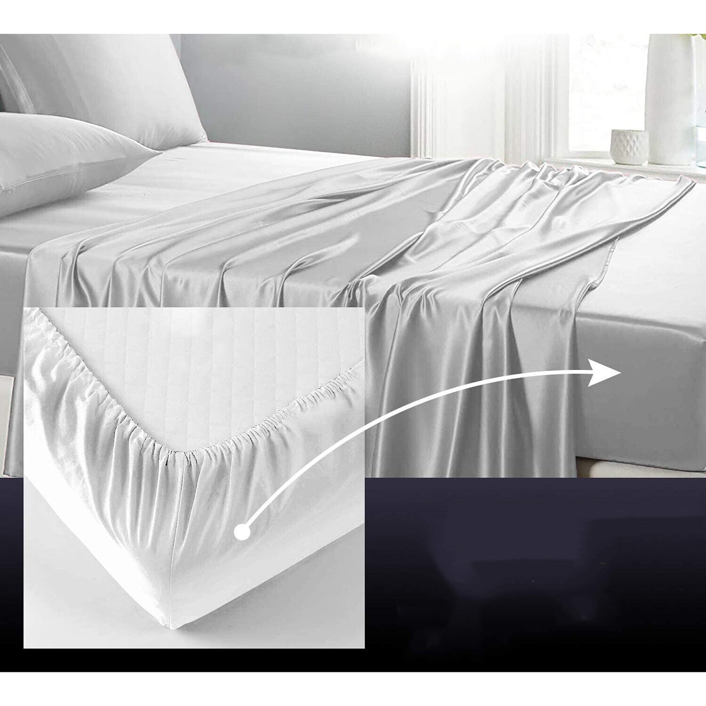 Light Gray Double Queen King Silk Satin Sheet Set Flat Fitted Sheet And Pillowcase