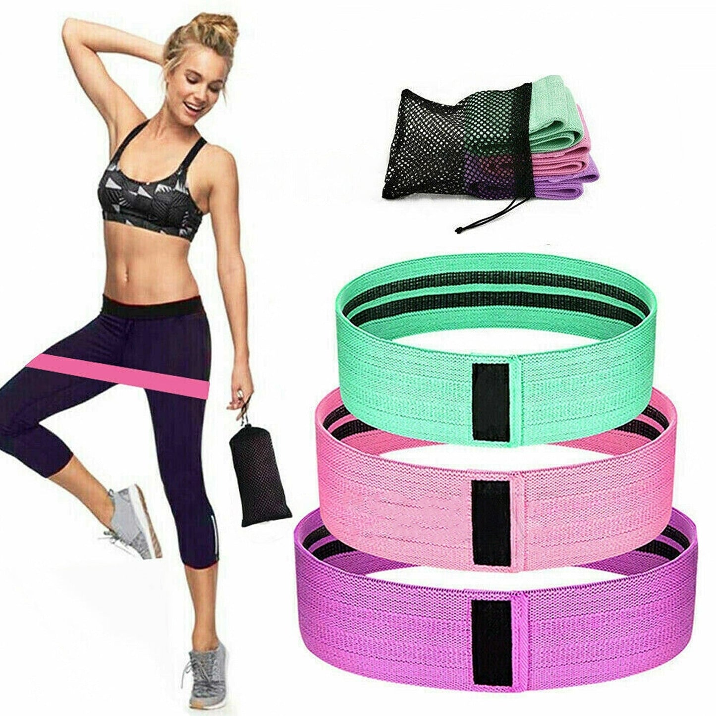 Fabric Hip Circle Bands Set Resistance Booty Workout Exercise Guide Bag