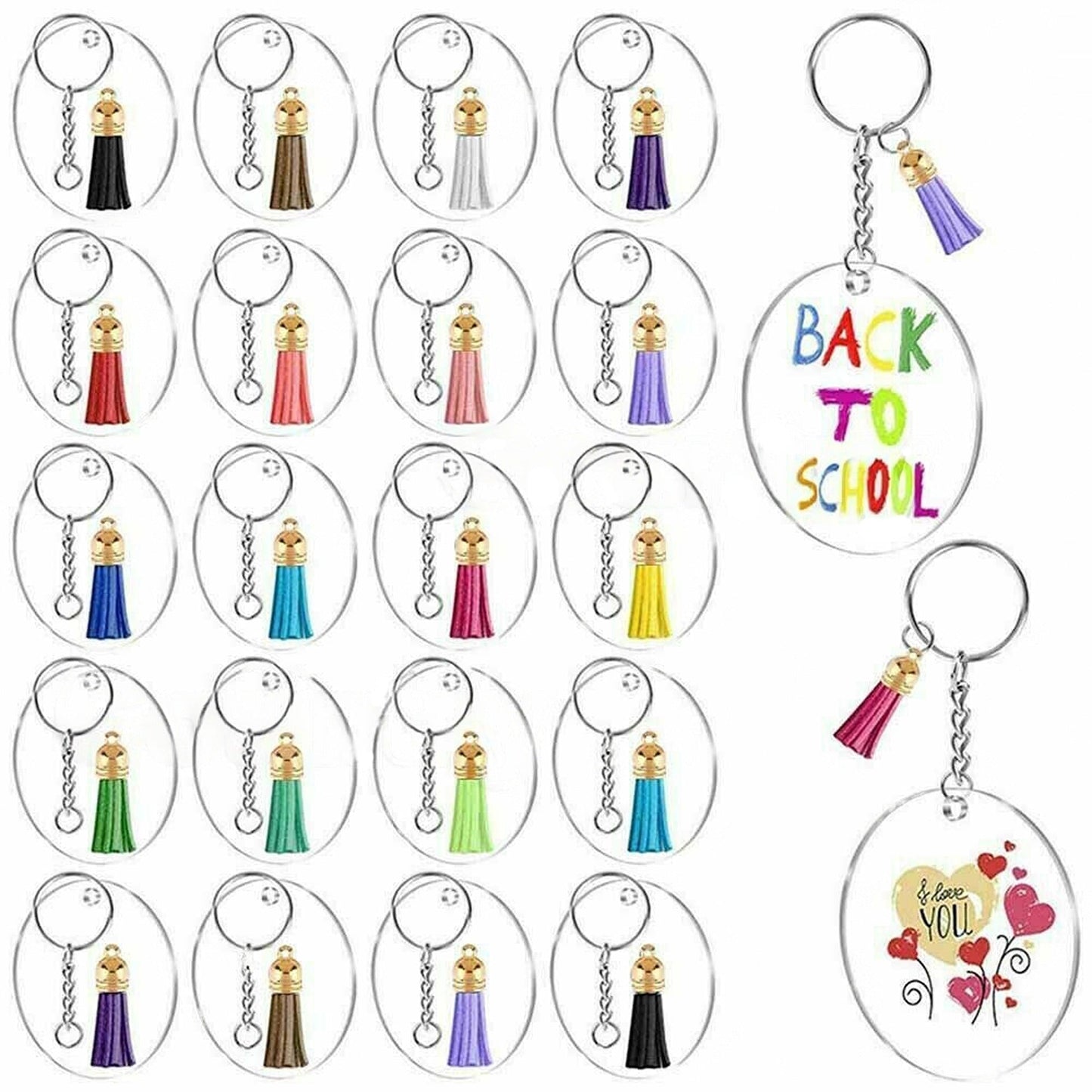 200pcs Acrylic Keychain Making Kit Keyring Blanks with Tassels