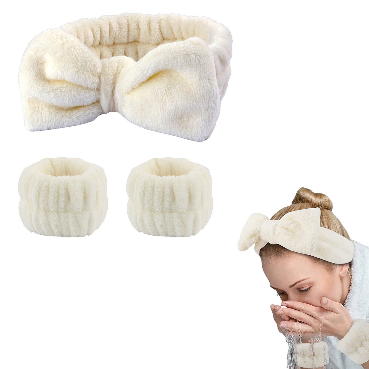 Absorbent Spa Wristbands and Headband Set for Face Washing