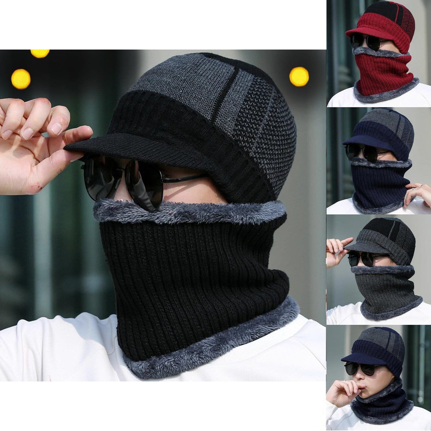 Men Fleece Lined Winter Beanie and Scarf Set Fashion Warm Ski Cap