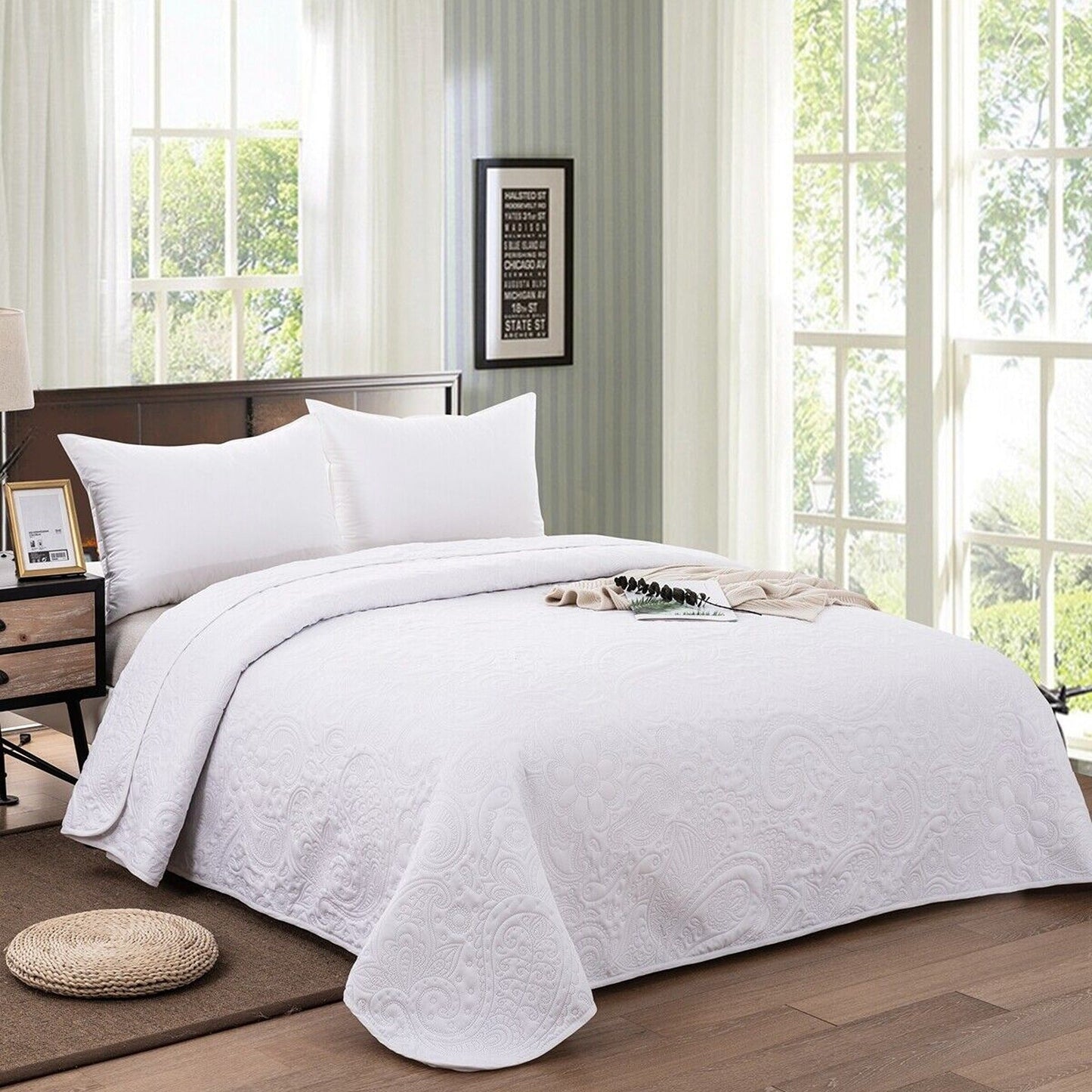 White Queen King Size Quilted Bedspread Set Soft Coverlet and Throw