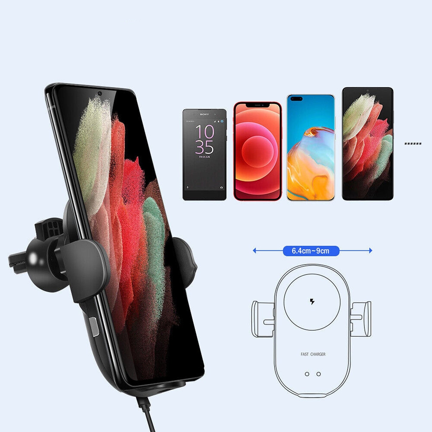 15W Automatic Clamping Wireless Car Charger for Air Vent Phone Mount