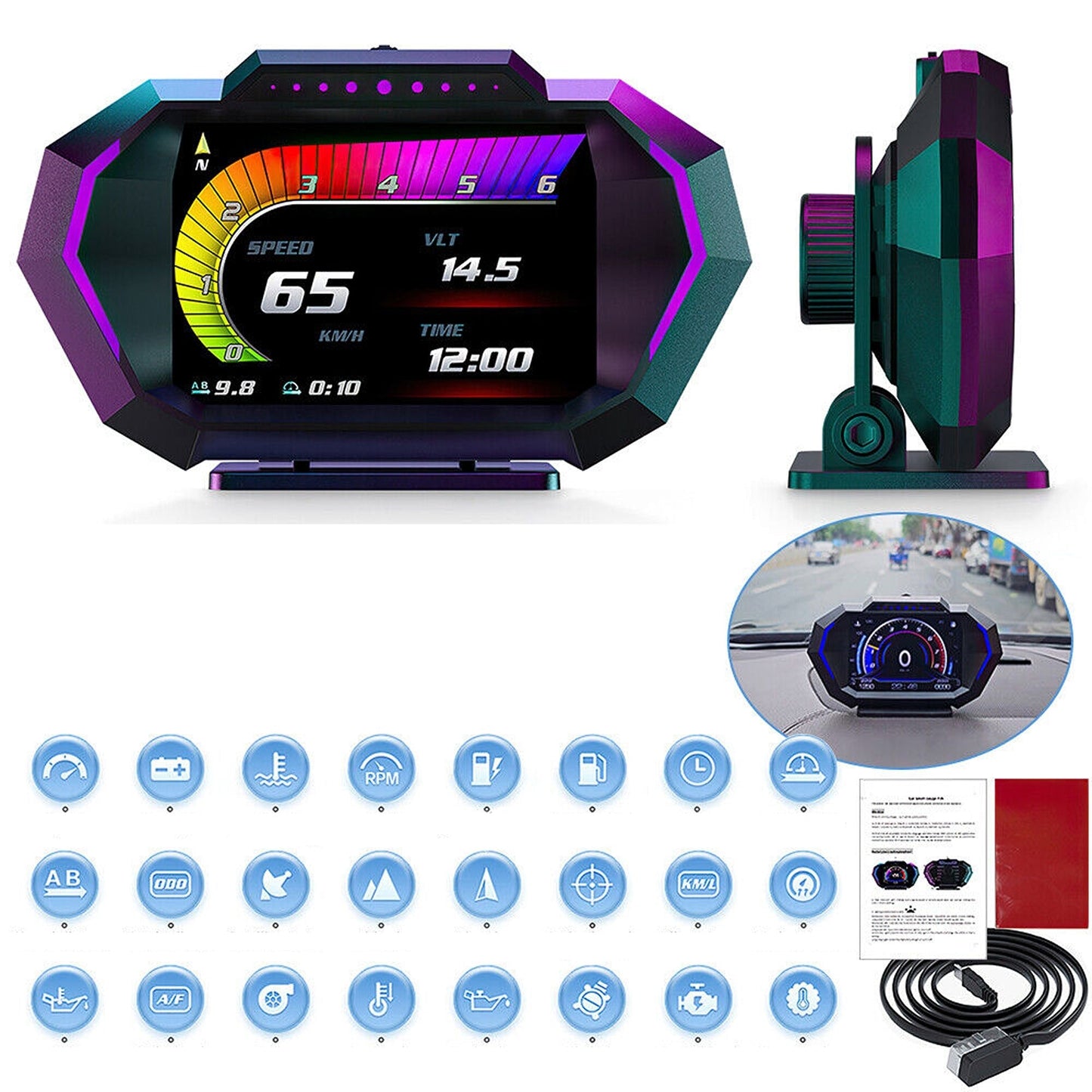 Digital Car HUD OBD2 and GPS Gauge with Speedometer Turbo RPM and Temp Alarms