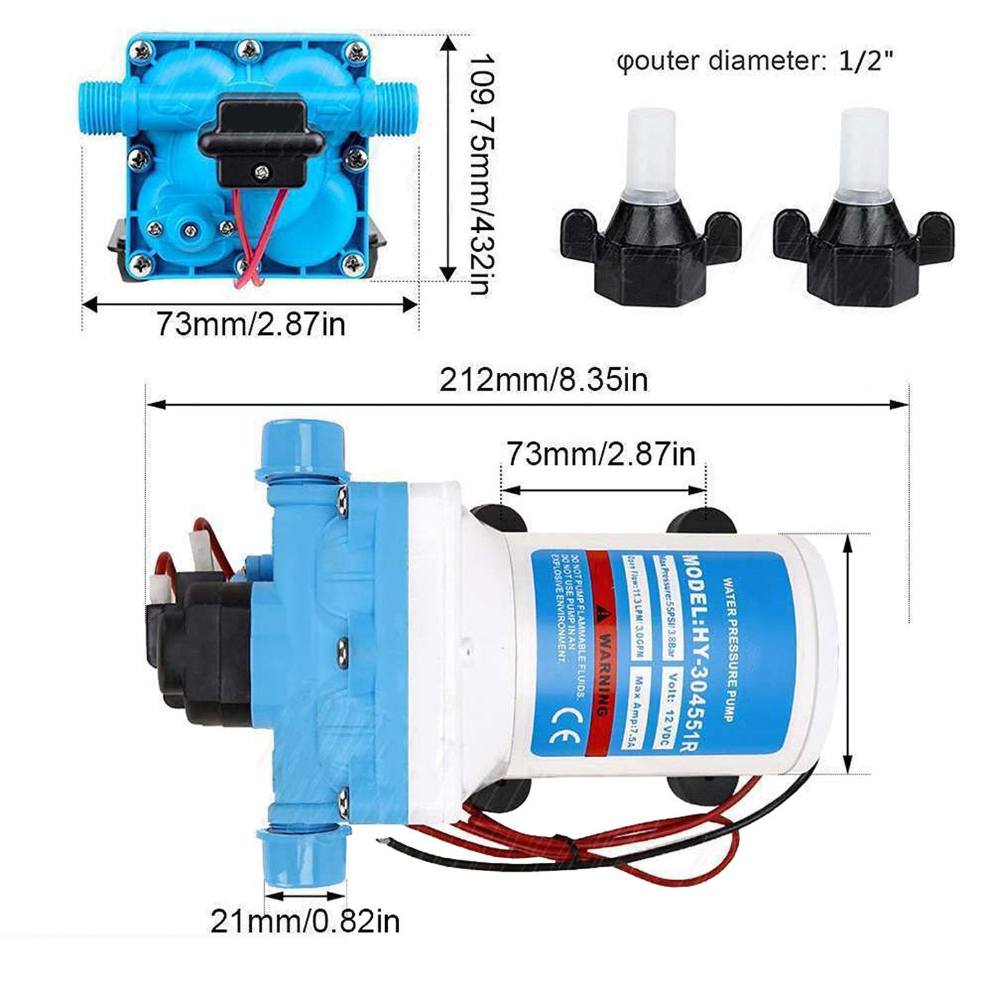 12V Self-Priming Water Pump 55PSI 11.3LPM for RV Caravan and Boat Camping