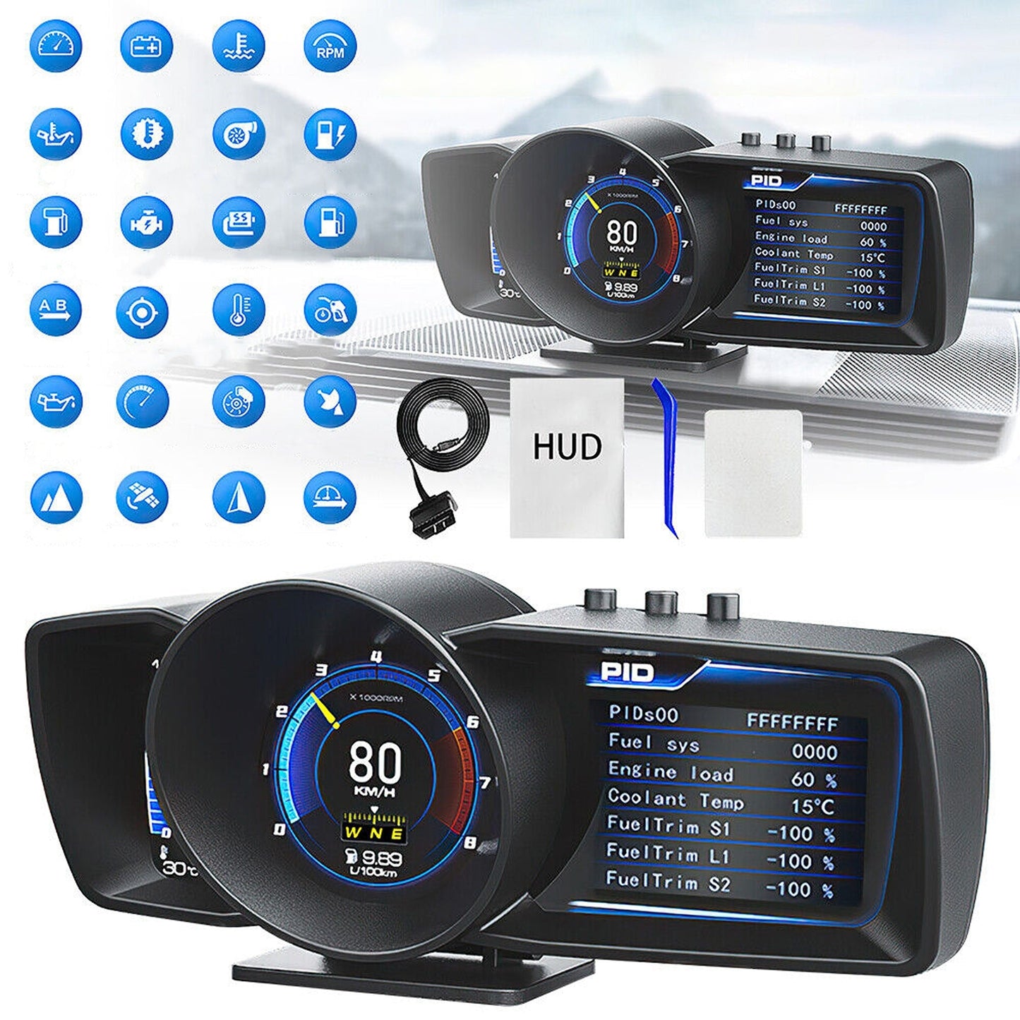 Smart OBD2 and GPS Car Gauge Digital HUD Display with Speedometer and Turbo