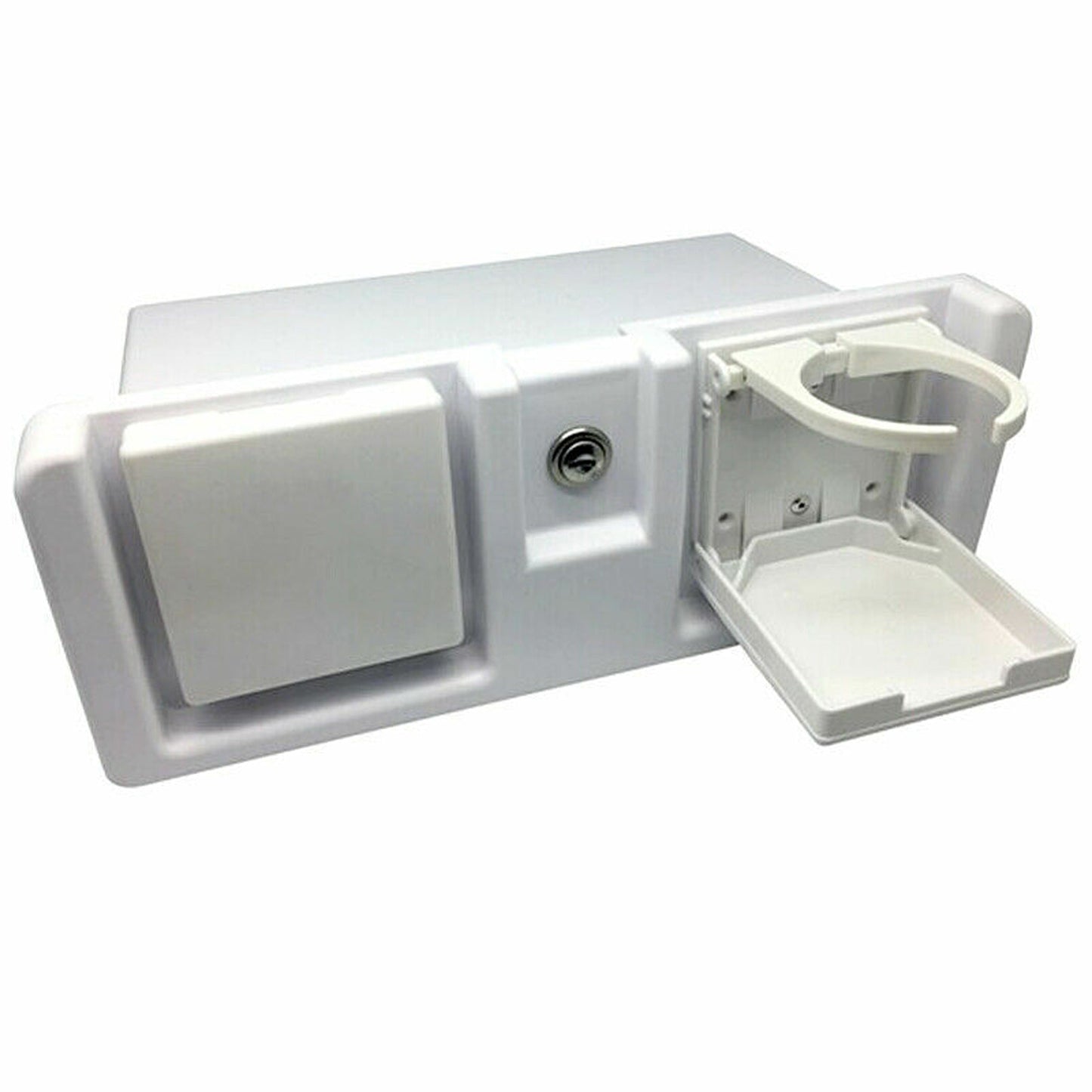 Deluxe White Recessed Storage Glove Box with Drink Holders and Lock for Boats