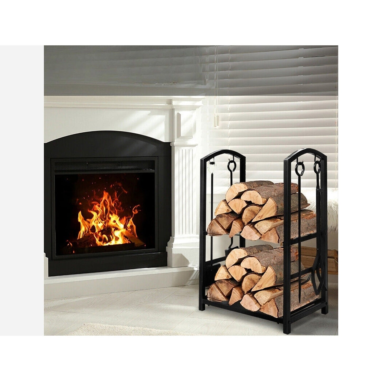 Large Steel Firewood Rack with Fireplace Tool Holder