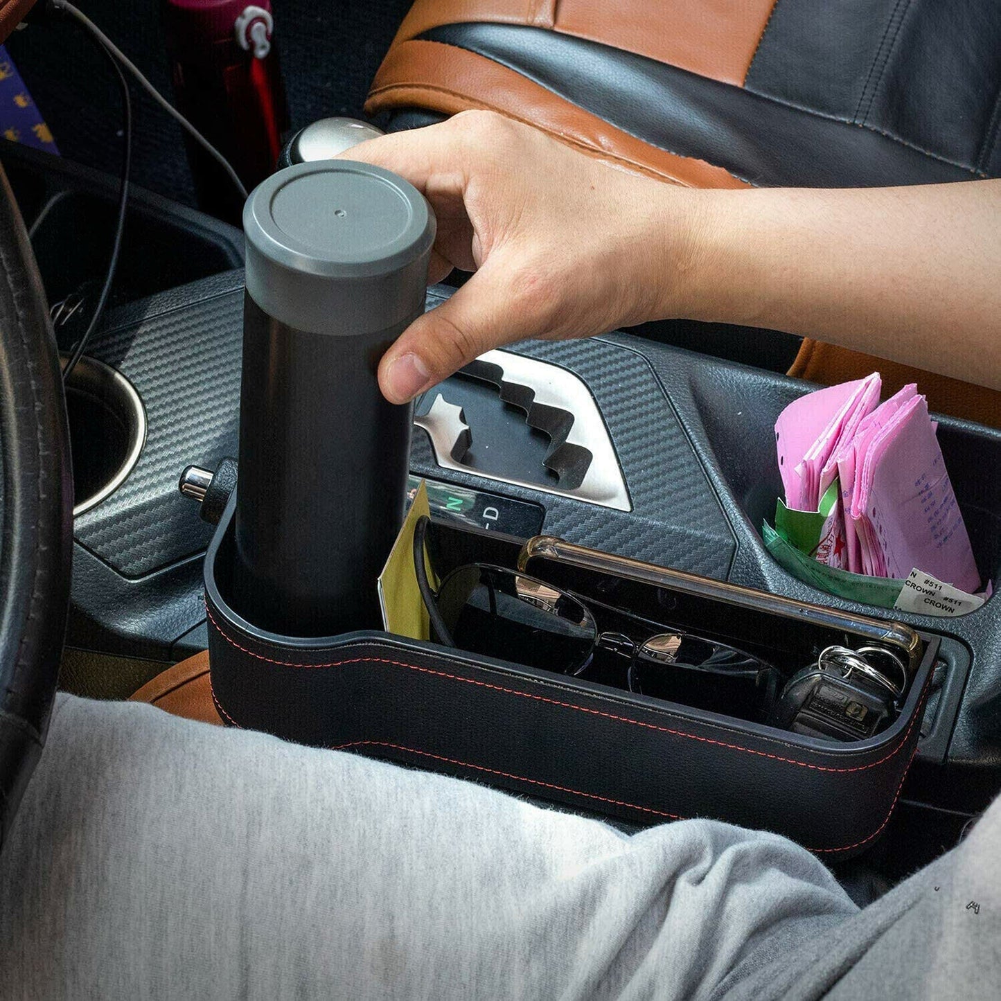 2pcs Console Side Car Seat Storage Box with Coin and Phone Pocket