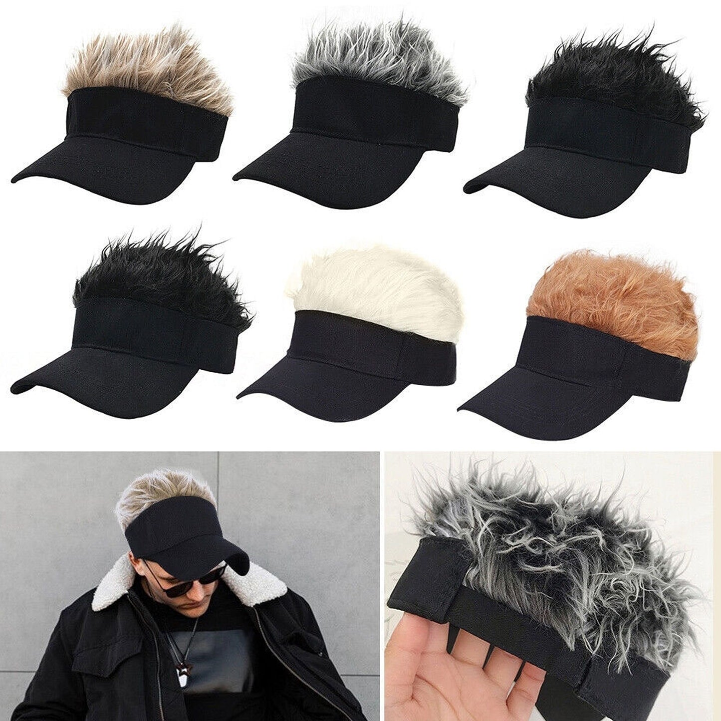 Baseball Cap with Wig Attached Sun Visor and Fun Hair for Men