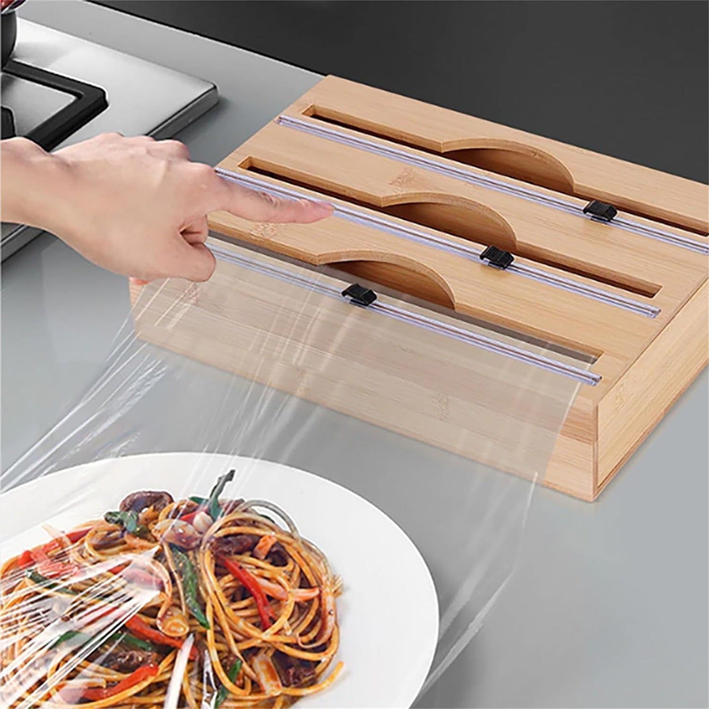 Bamboo Kitchen Wrap Dispenser with Cutter for Foil and Film