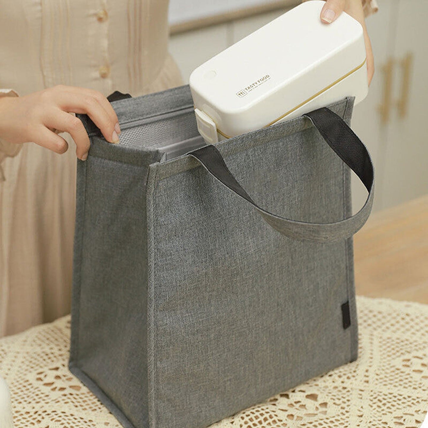 Grey Insulated Lunch Bag Thermal Bento Box Carrier for Work and Office