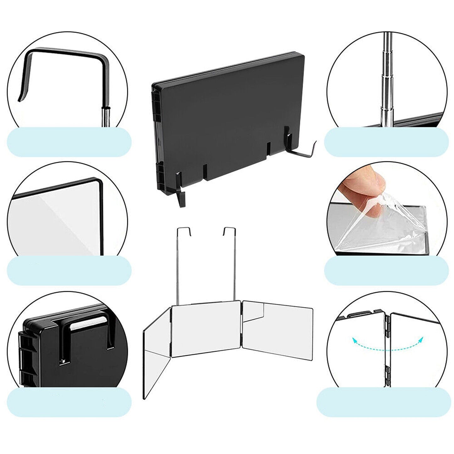 Tri-Fold Adjustable Makeup Mirror with Hanging Hook for Haircutting and Styling