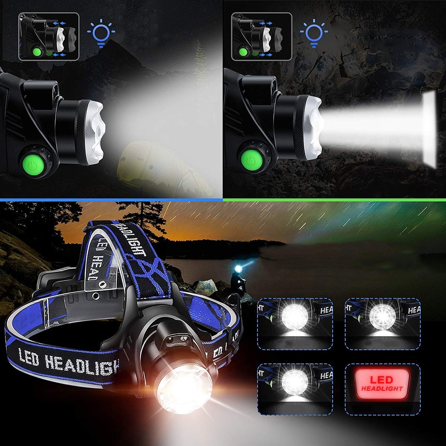 Zoomable Headlamp Rechargeable LED Head Torch 350000lm