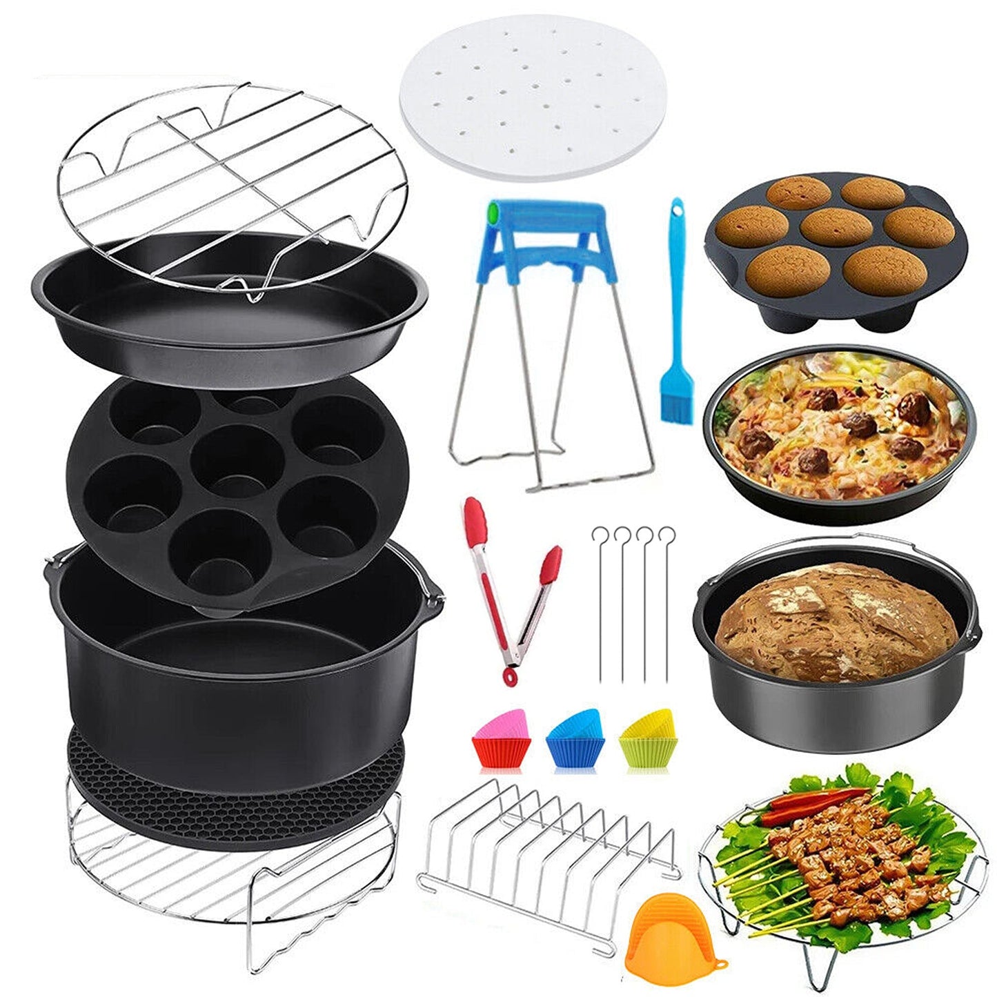 Air Fryer Accessory Kit with Frying Cage Baking Pan and Pizza Tray