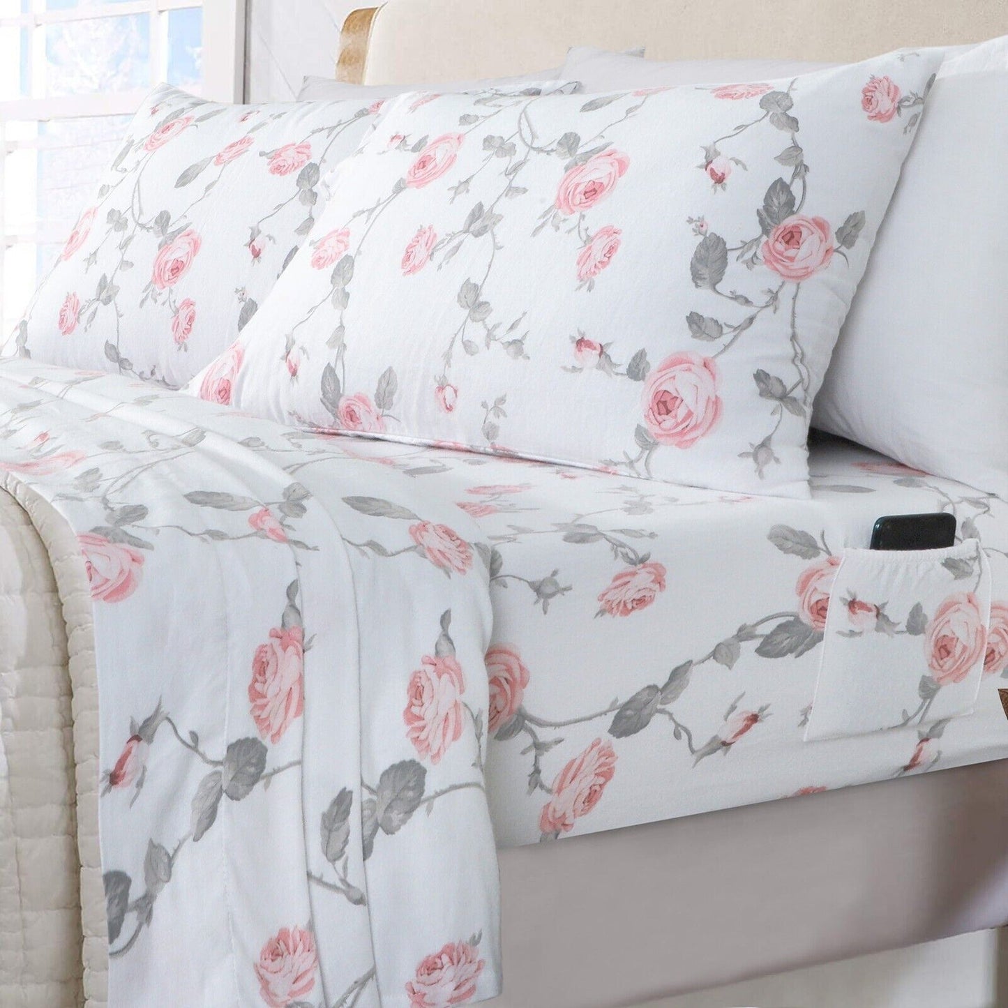 Blush Floral Cotton Flannelette Sheets Set with Standard Pillow Case Single Double Queen King