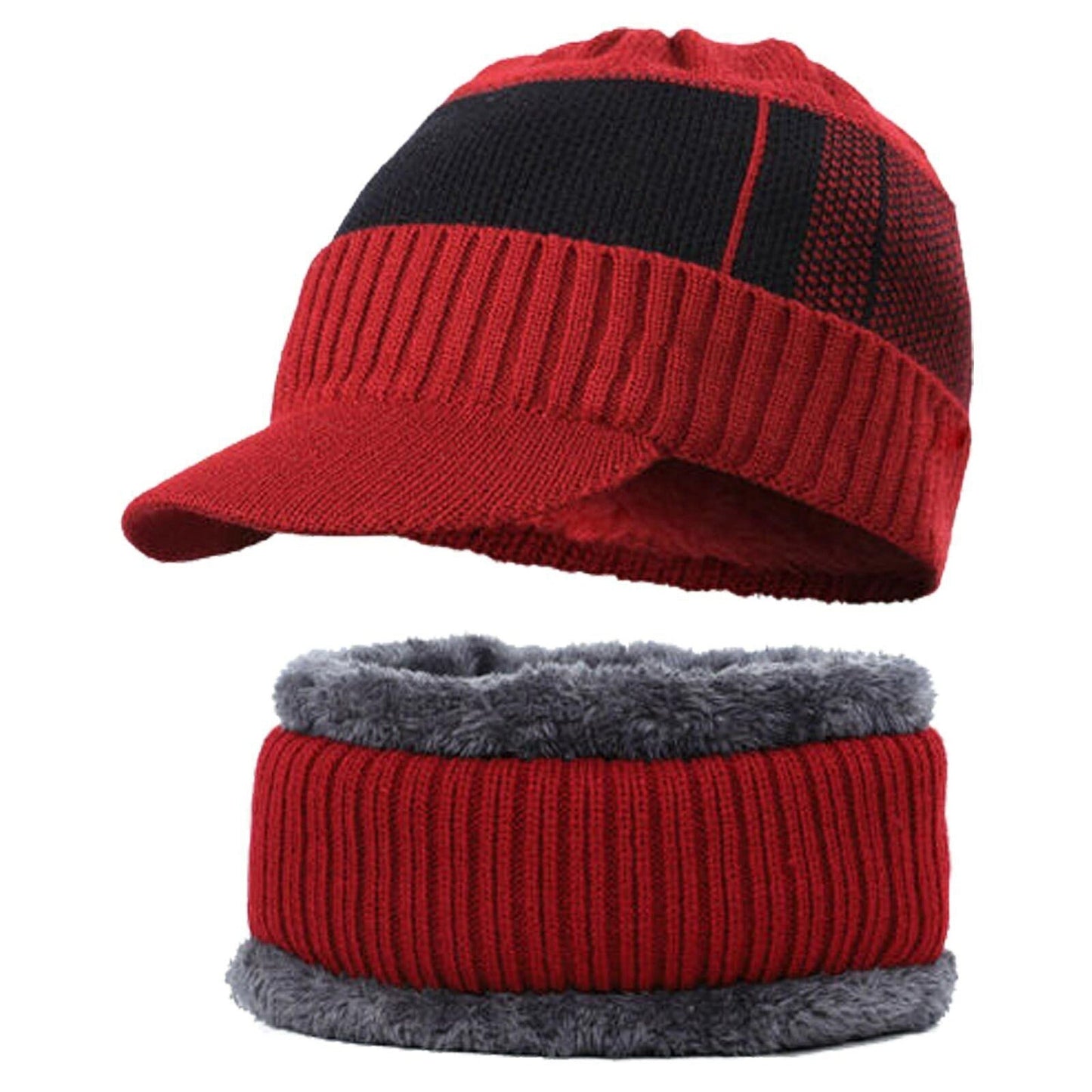 Men Fleece Lined Winter Beanie and Scarf Set Fashion Warm Ski Cap