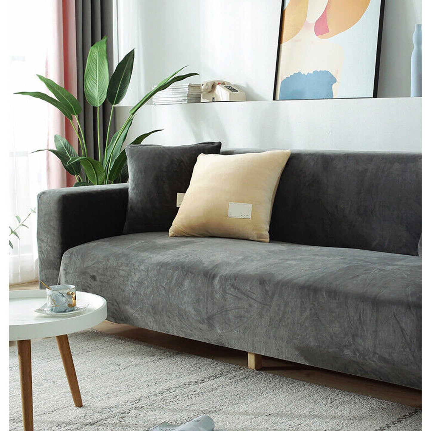 Dark Grey Super Stretch Slipcover Velvet Sofa Covers Couch Cover