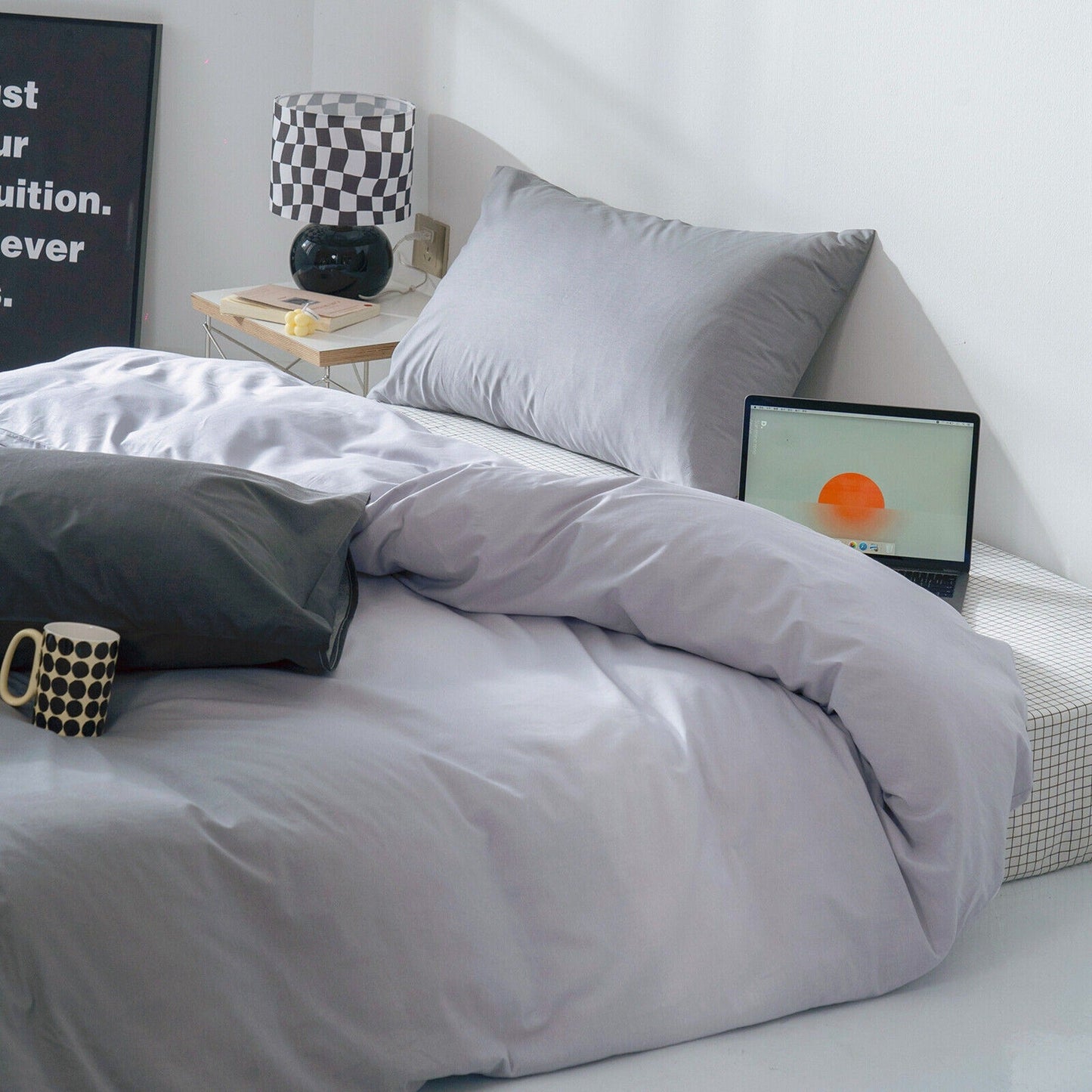 Gradient Grey Quilt Duvet Cover Set Bedding for Queen King Size