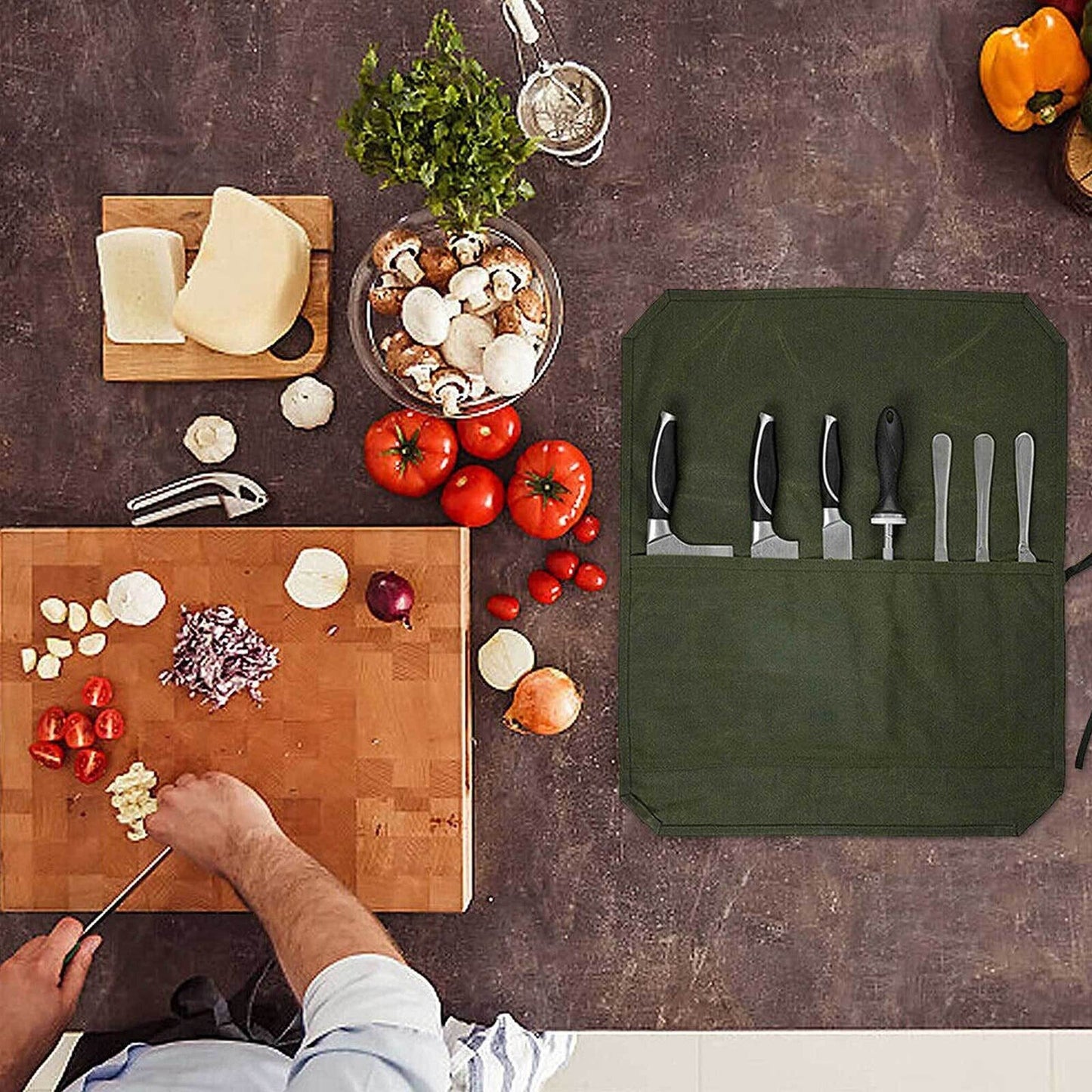Waxed Canvas Chef Knife Roll Bag 7 Slot Storage Case