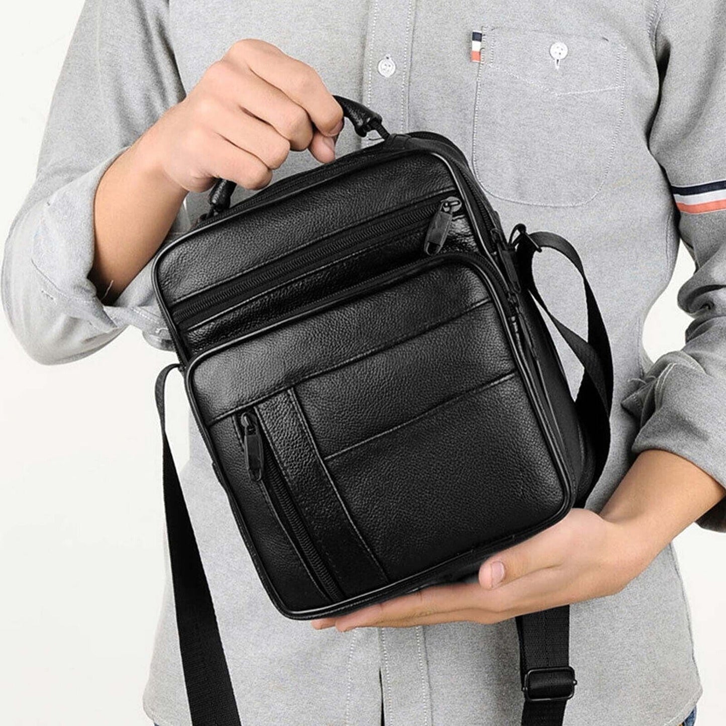 Men Genuine Leather Crossbody Bags Business Shoulder Messenger Backpack