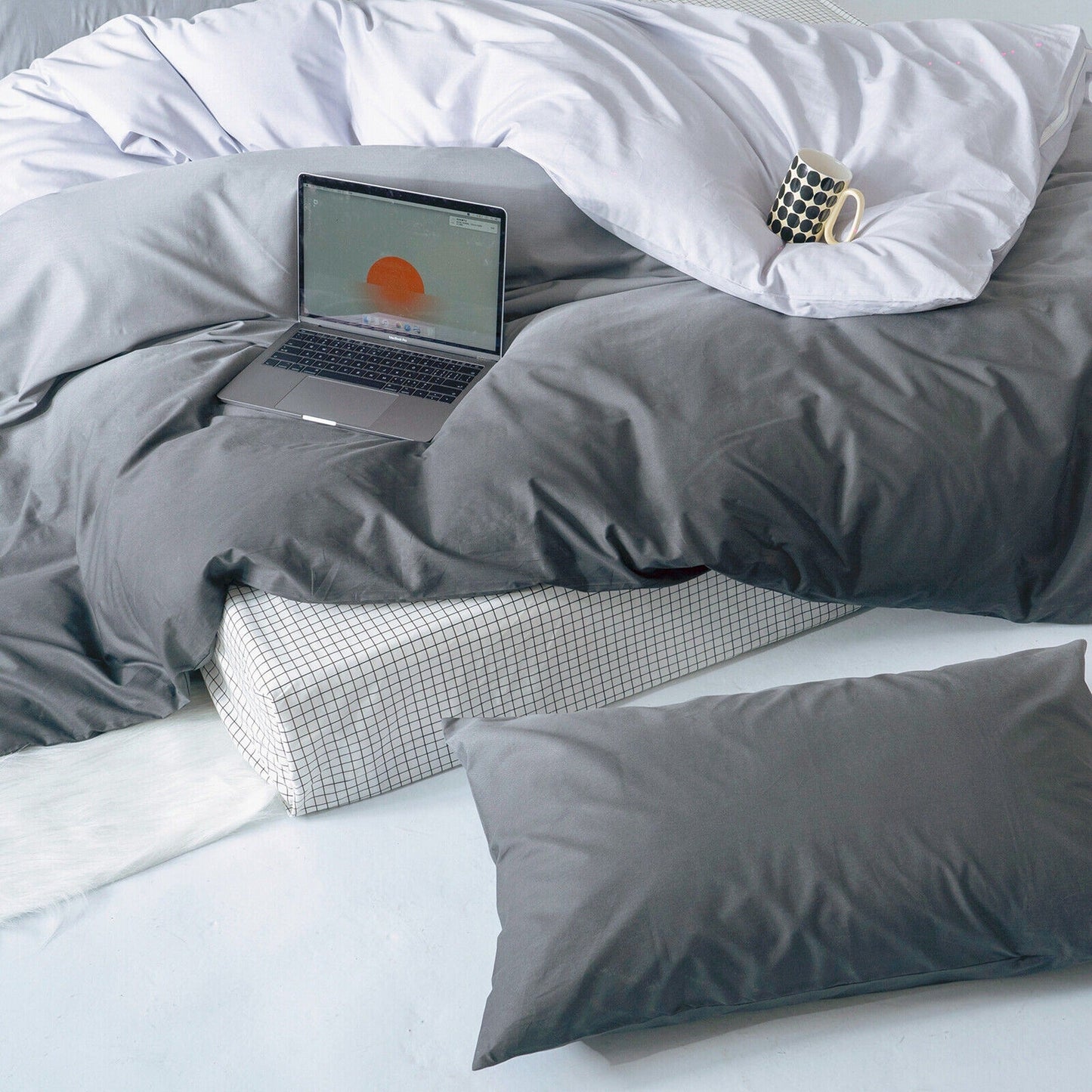 Gradient Grey Quilt Duvet Cover Set Bedding for Queen King Size