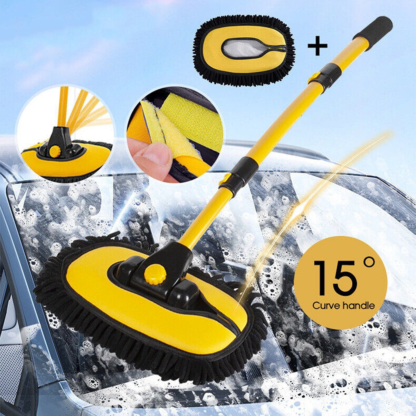 Long Handle Car Wash Brush with Special Mop for Roof and Window Cleaning