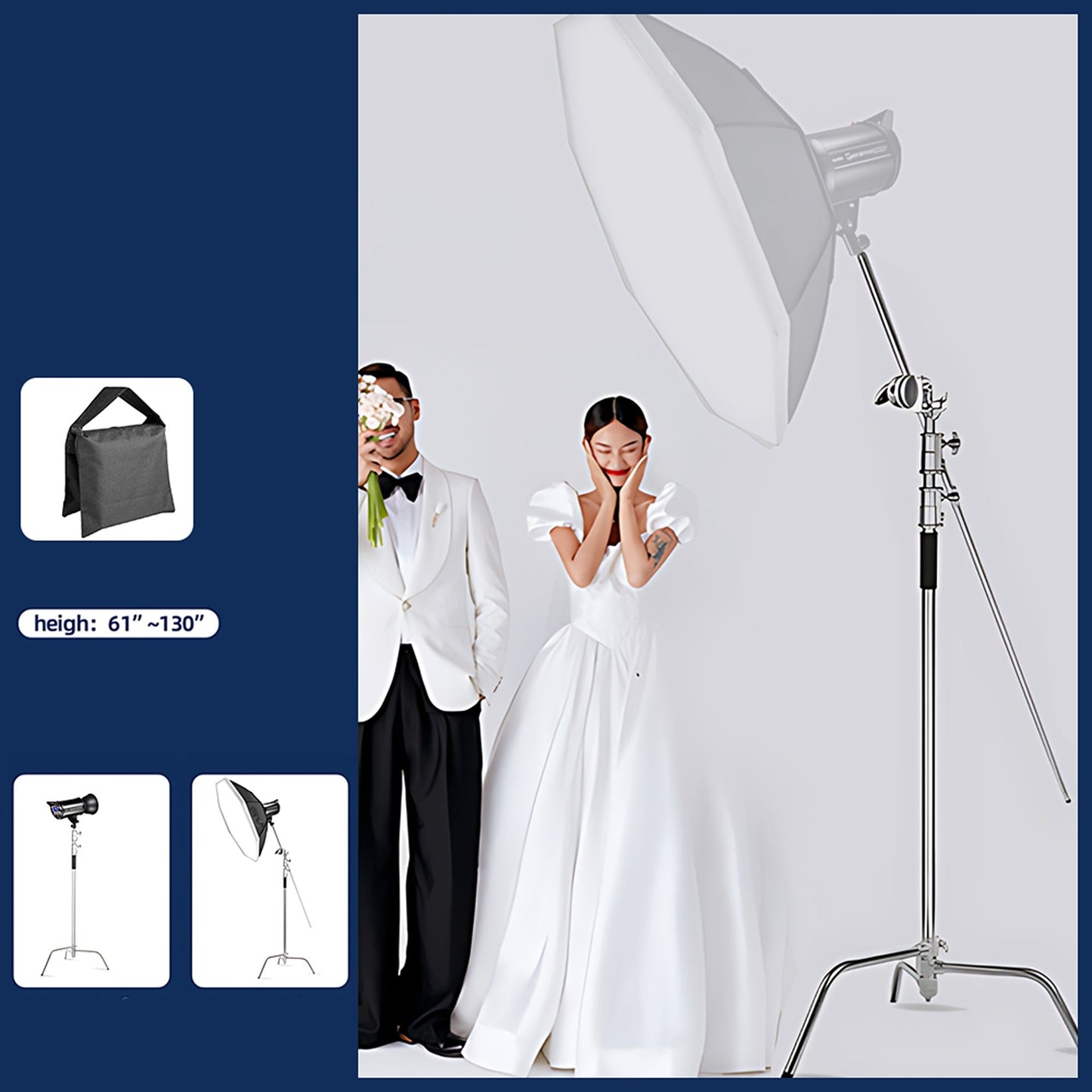 C-Stand with Boom Arm and Sandbag for Photo Studio Heavy-Duty Stainless Steel